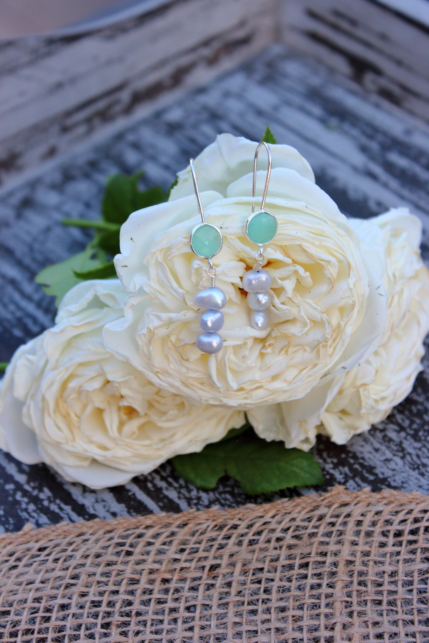 Aqua Chalcedony and Blue Pearl earrings