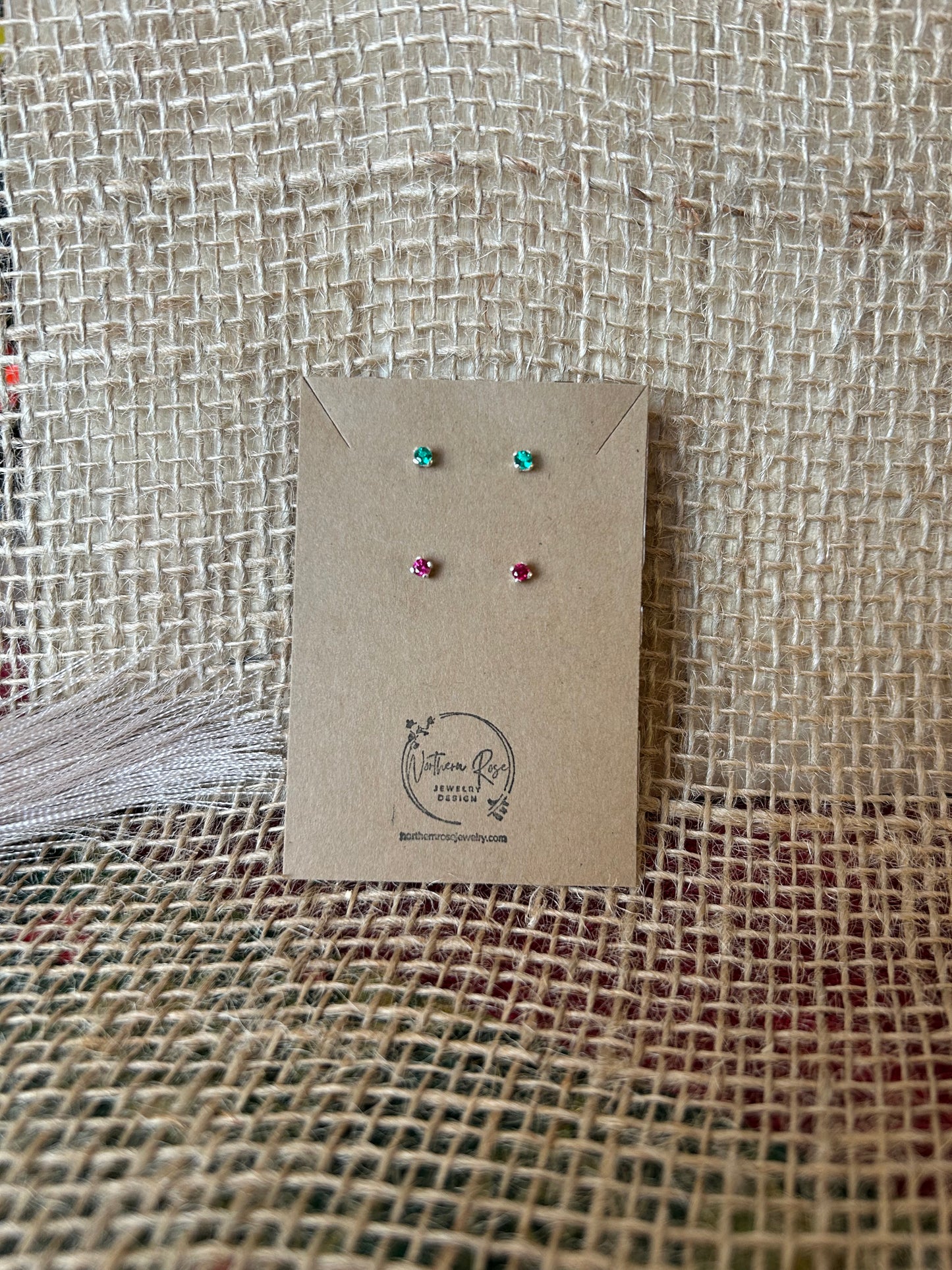 Tiny Gemstone Studs - Emerald and Ruby