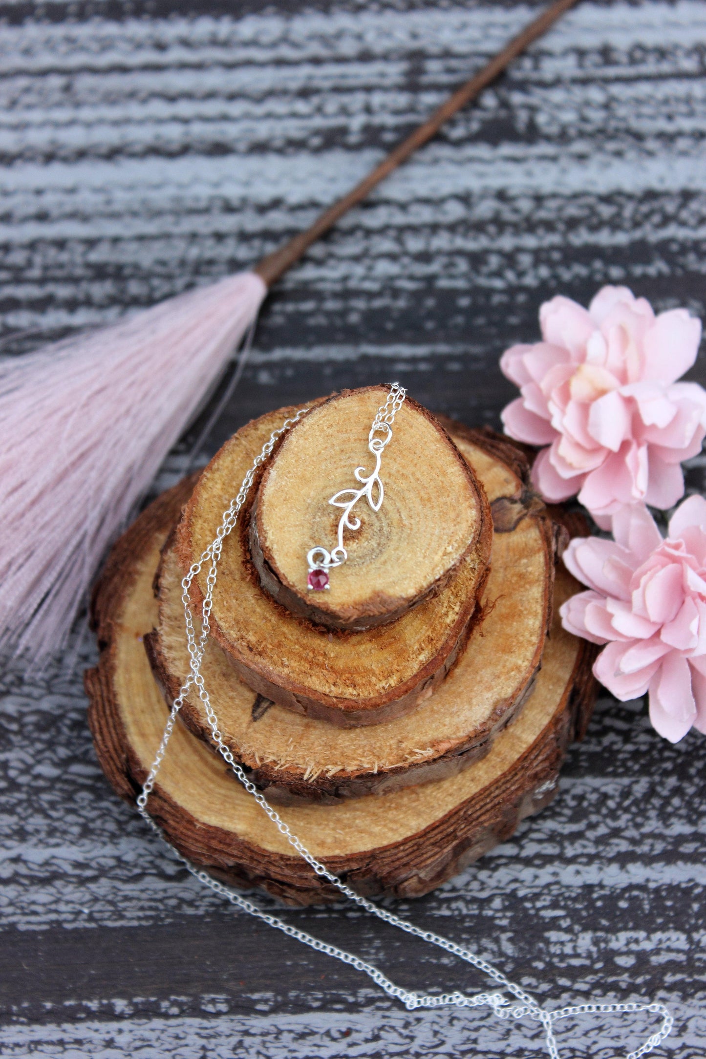 Sterling Silver Leaf Necklace with Rose cut Pink Tourmaline