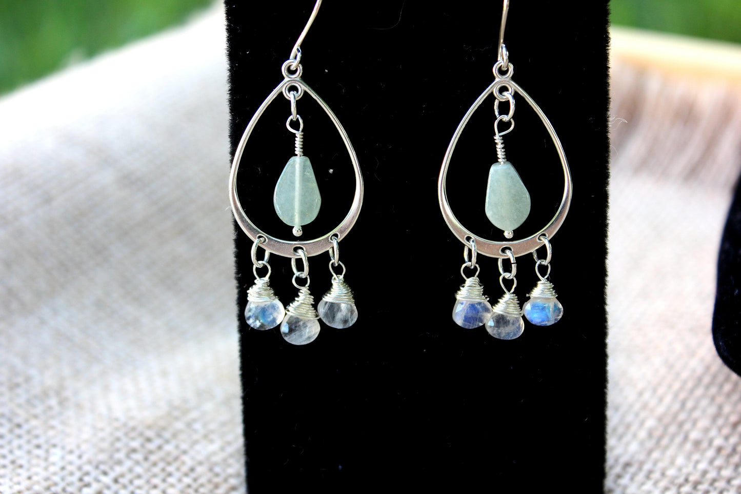 Rainbow Moonstone and Green Aventurine Chandelier Earrings