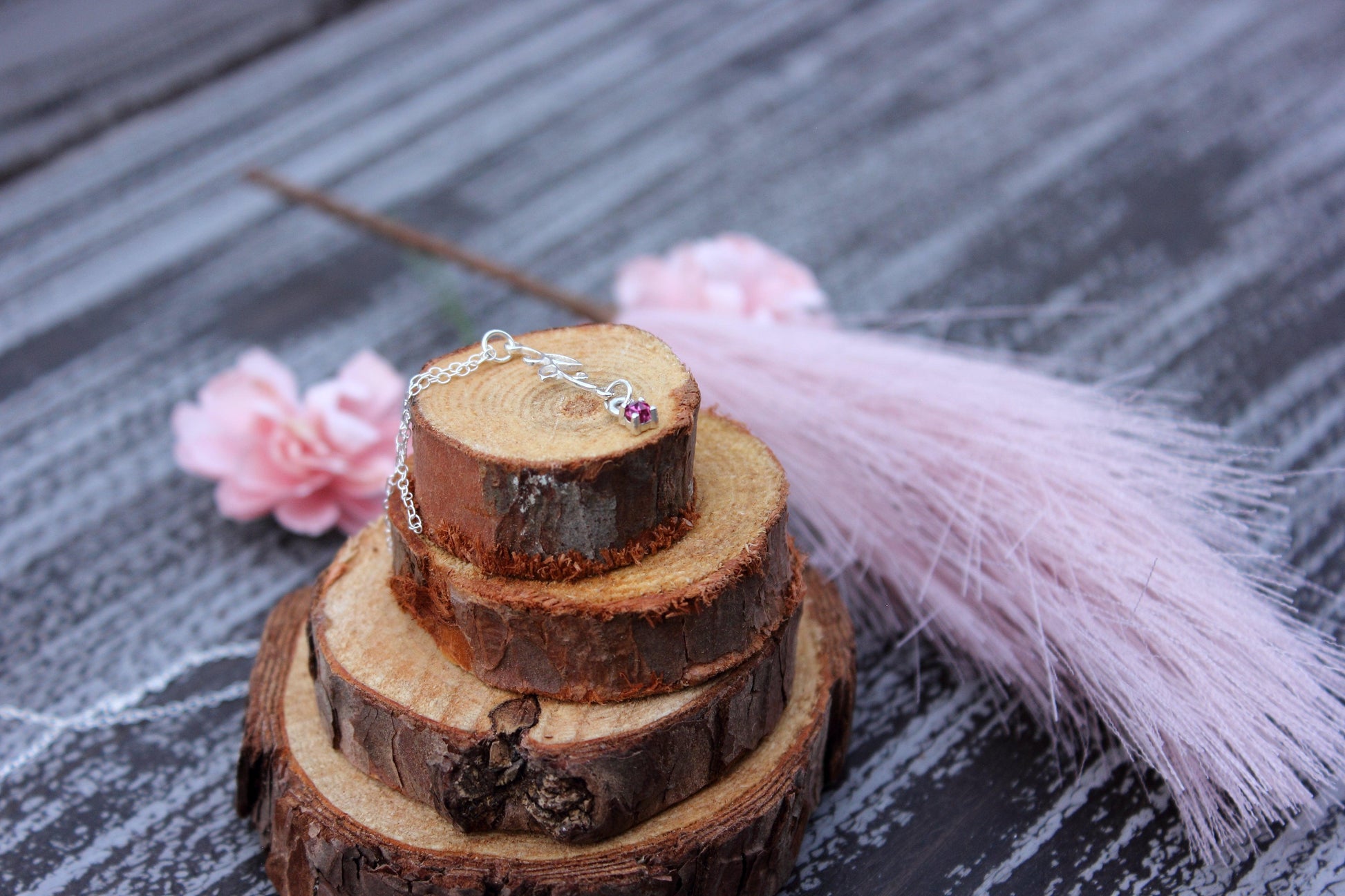 Sterling Silver Leaf Necklace with Rose cut Pink Tourmaline