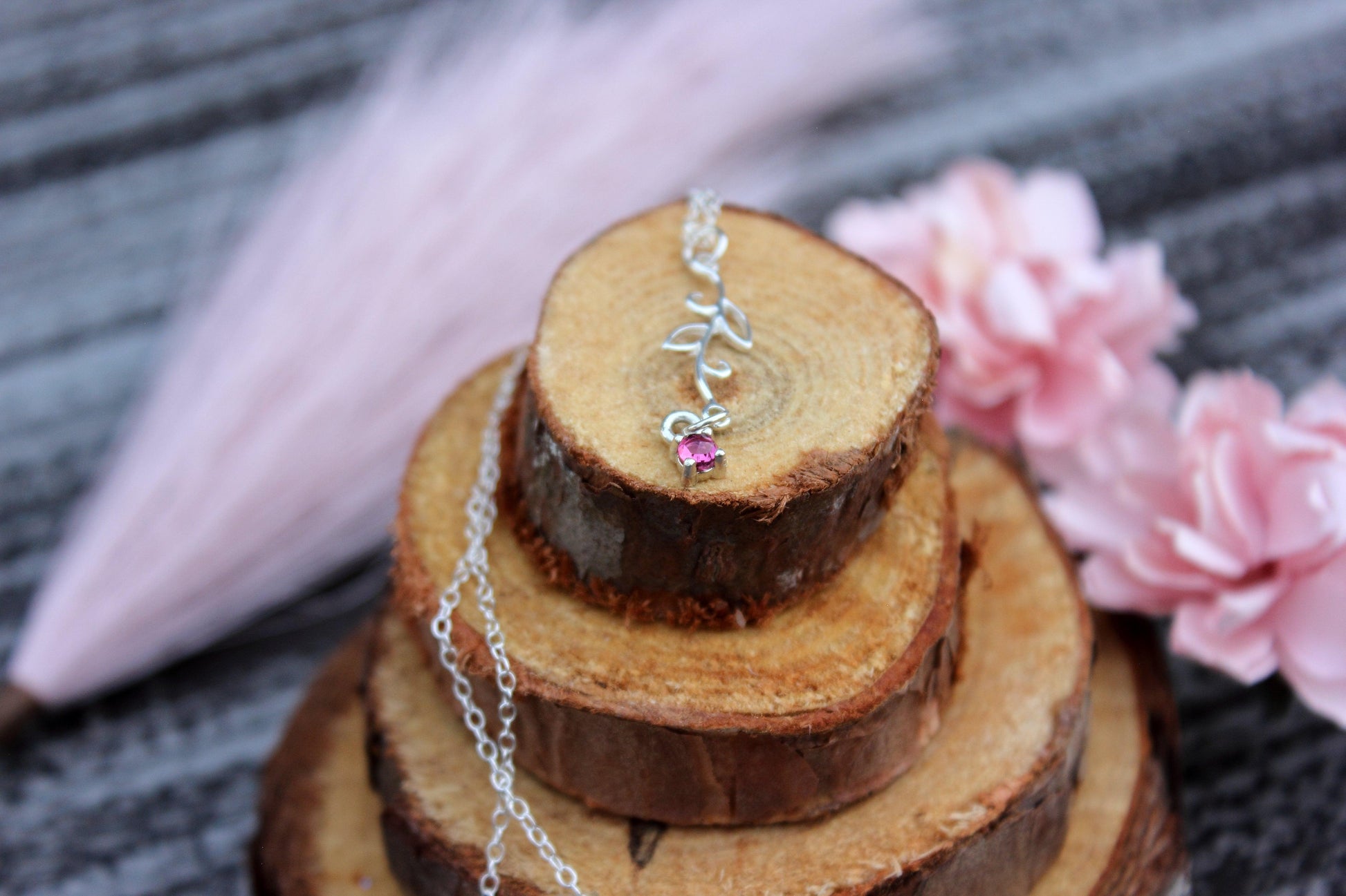 Sterling Silver Leaf Necklace with Rose cut Pink Tourmaline