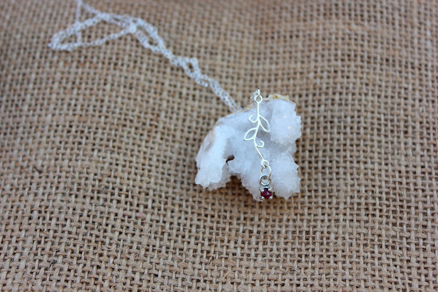 Sterling Silver Leaf Necklace with Rose cut Ruby