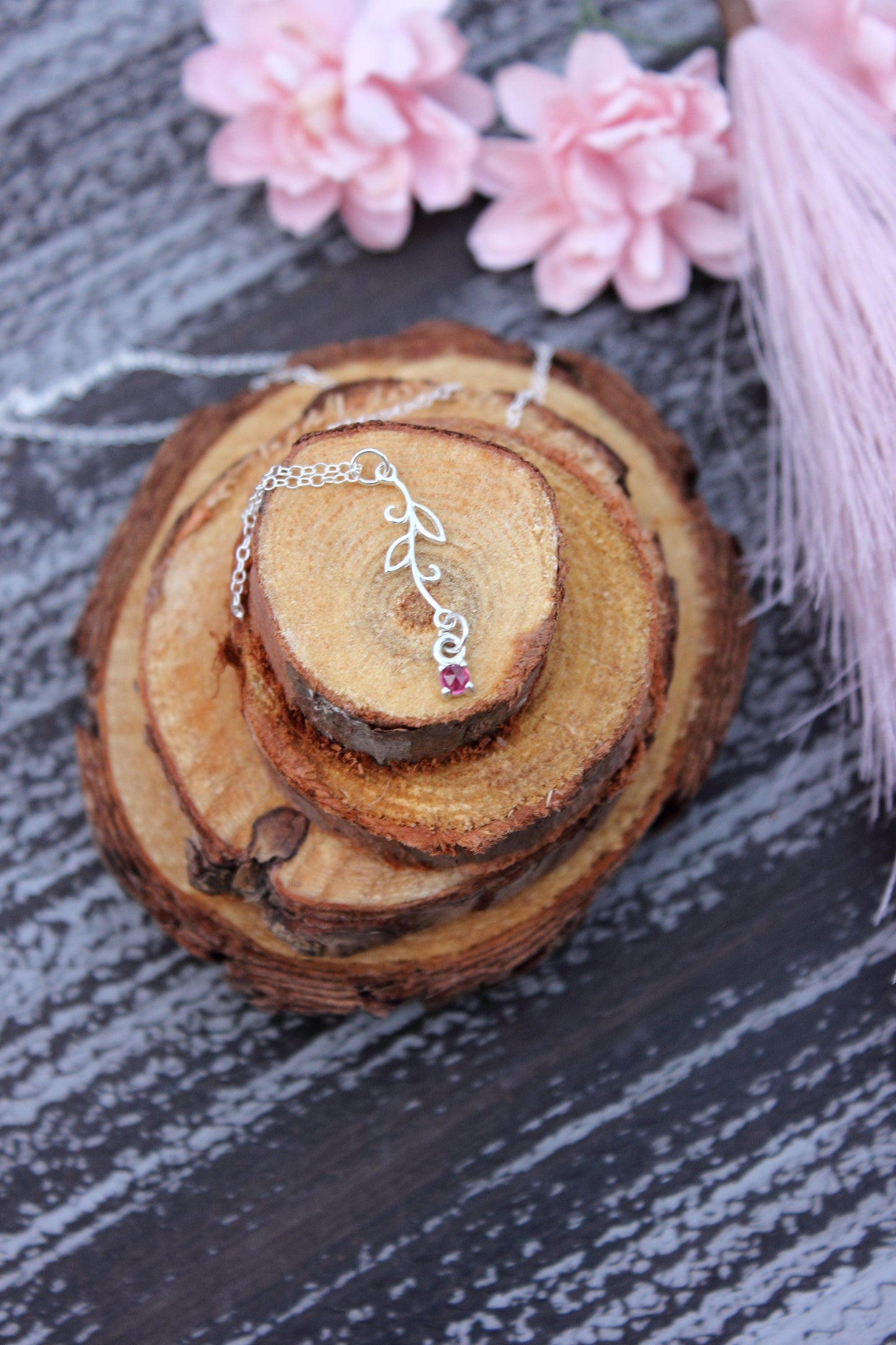 Sterling Silver Leaf Necklace with Rose cut Pink Tourmaline