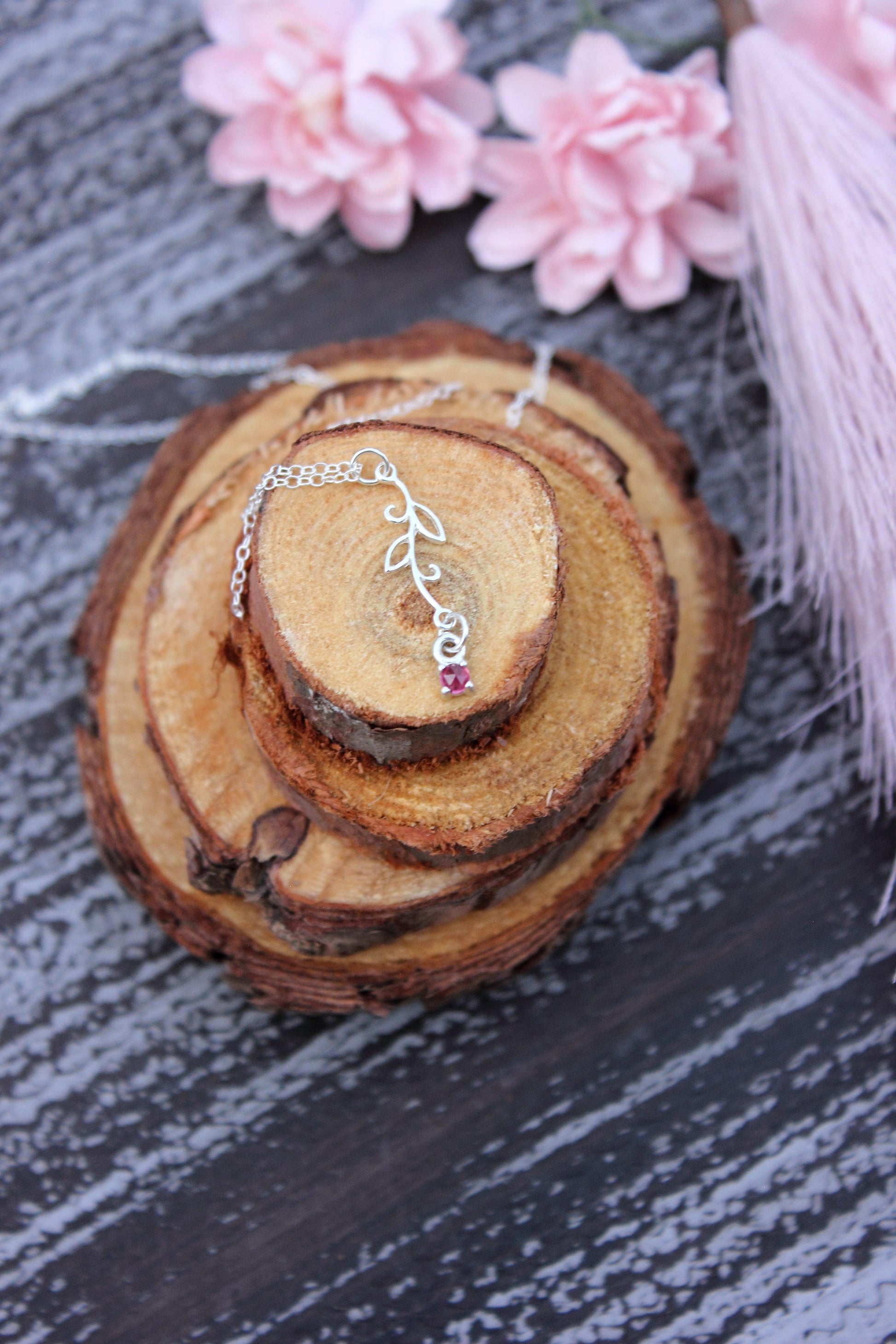 Sterling Silver Leaf Necklace with Rose cut Pink Tourmaline