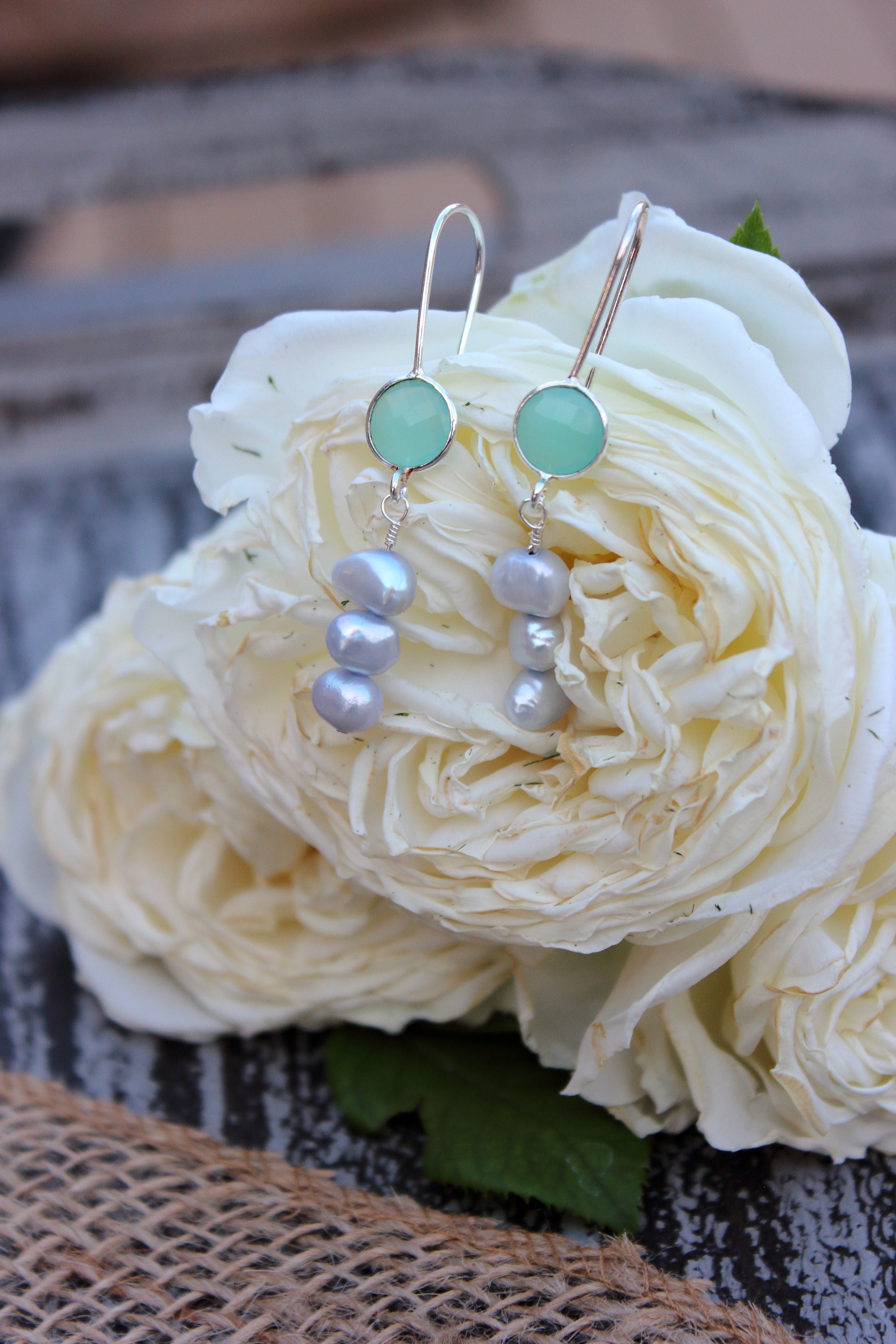 Aqua Chalcedony and Blue Pearl earrings