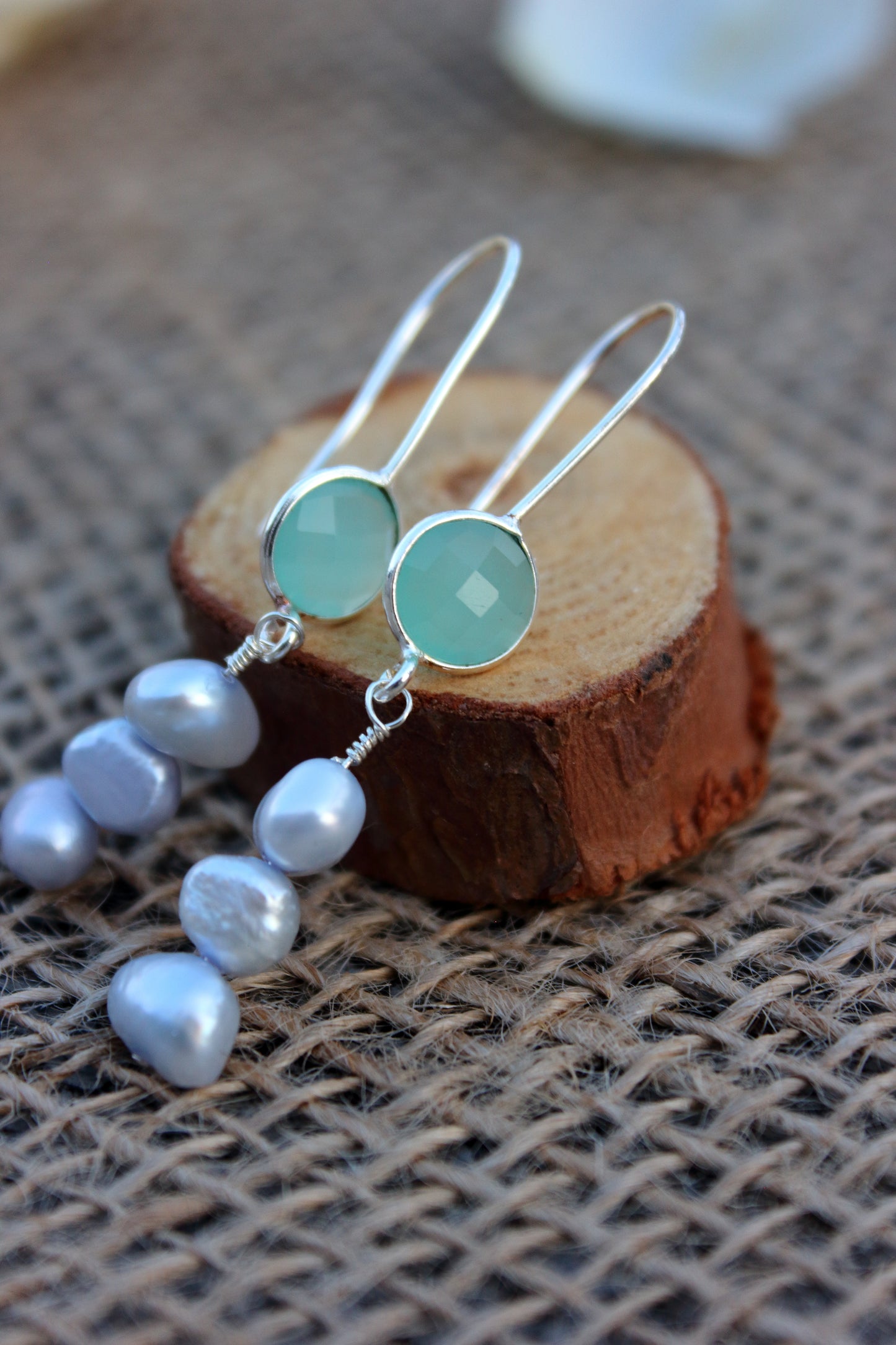 Aqua Chalcedony and Blue Pearl earrings