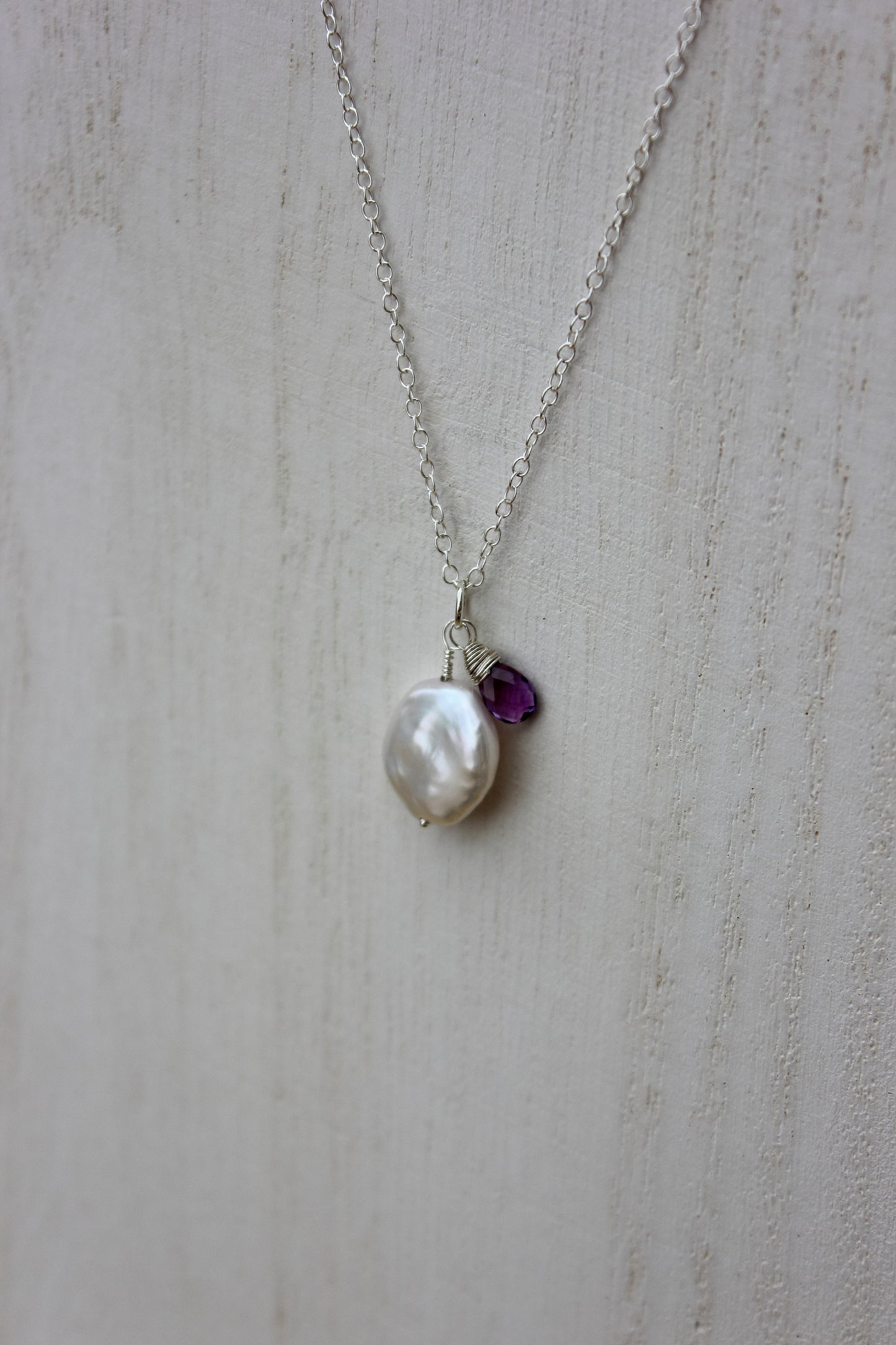 Coin pearl and amethyst briolette necklace