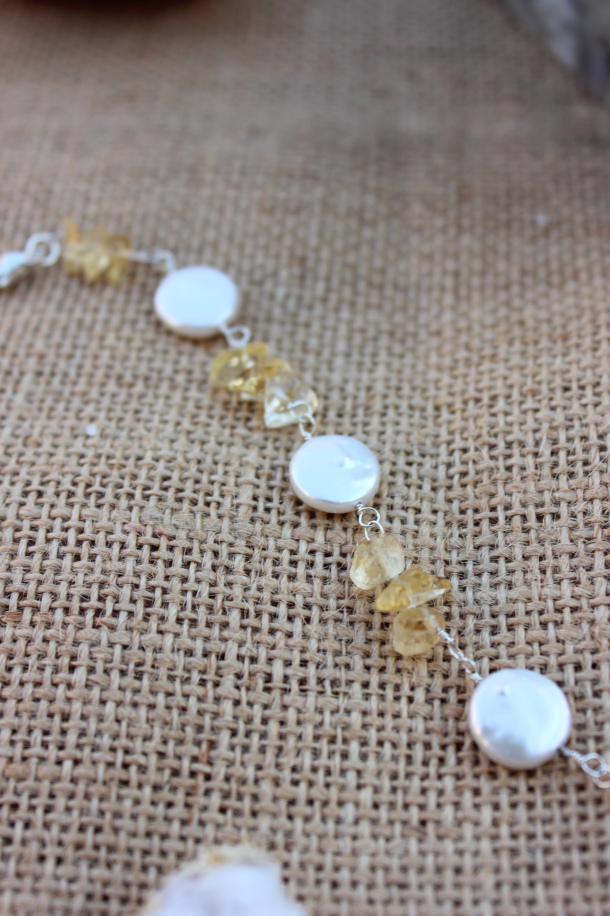 Coin Pearl and Citrine Rosary Chain Bracelet