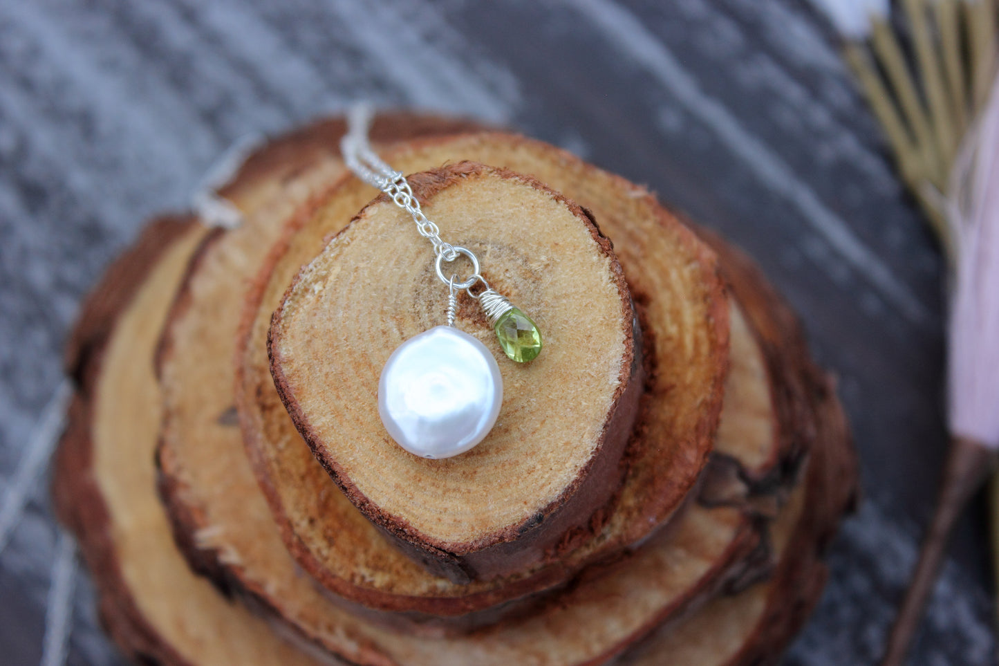 Coin pearl and peridot briolette necklace