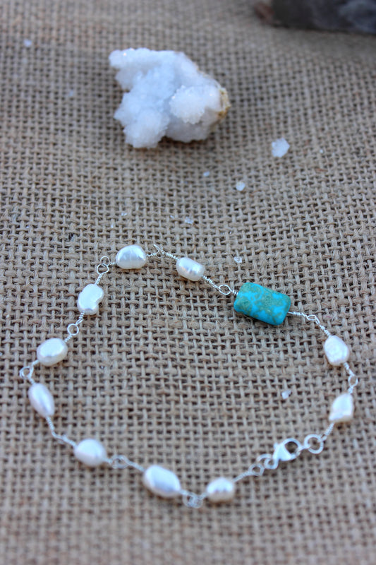 Pearl and Turquoise Sterling Silver Bracelet