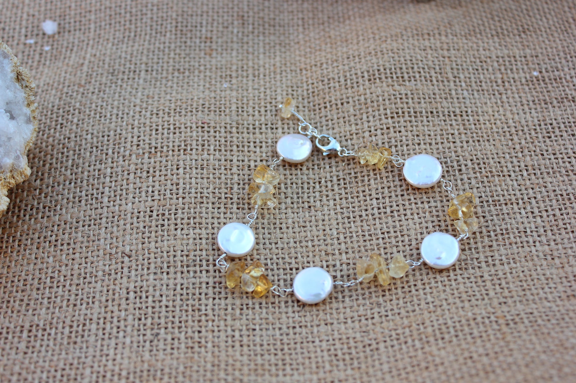 Coin Pearl and Citrine Rosary Chain Bracelet