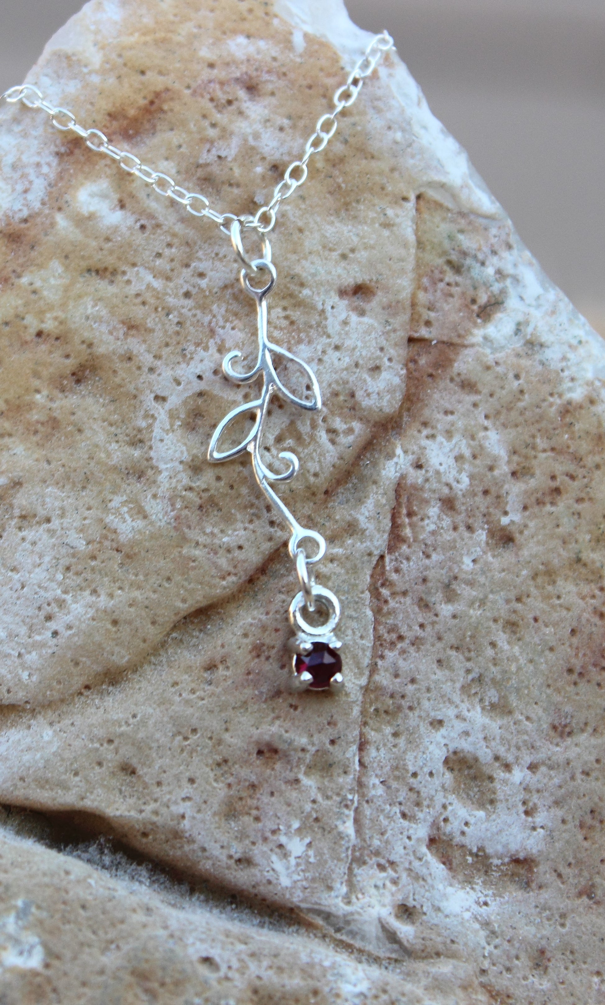 Sterling Silver Leaf Necklace with Rose cut Ruby
