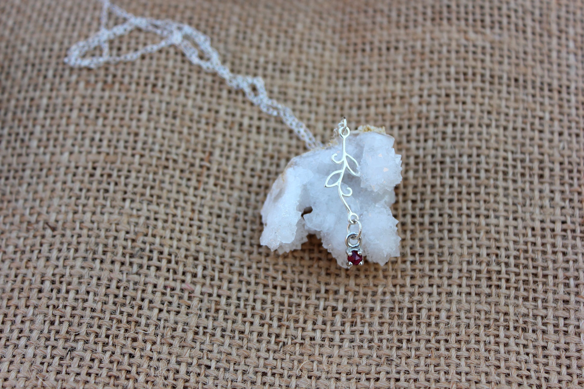 Sterling Silver Leaf Necklace with Rose cut Ruby