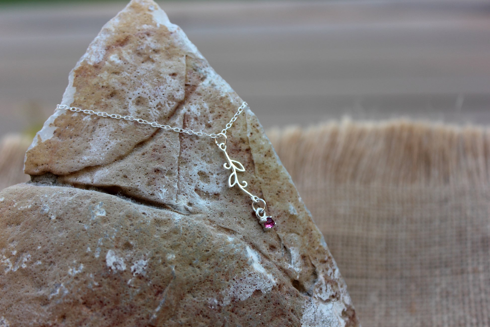 Sterling Silver Leaf Necklace with Rose cut Pink Tourmaline