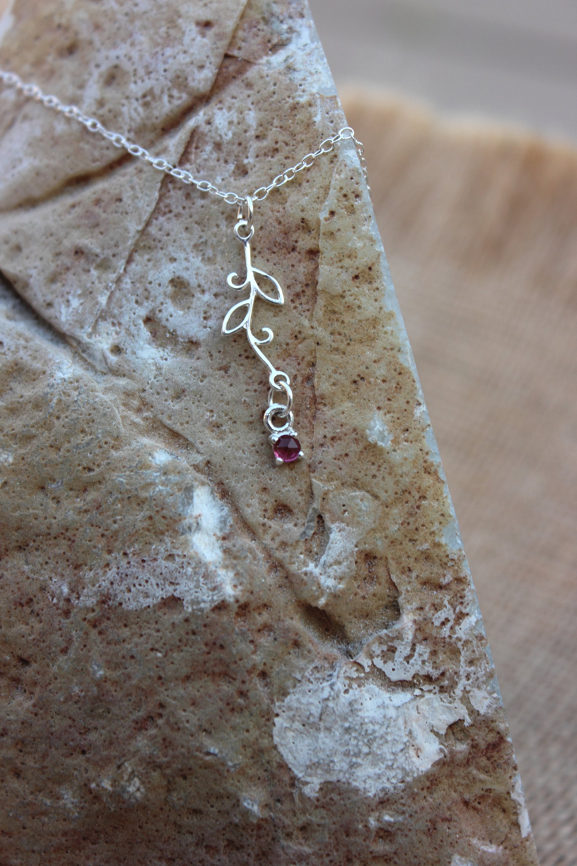 Sterling Silver Leaf Necklace with Rose cut Pink Tourmaline