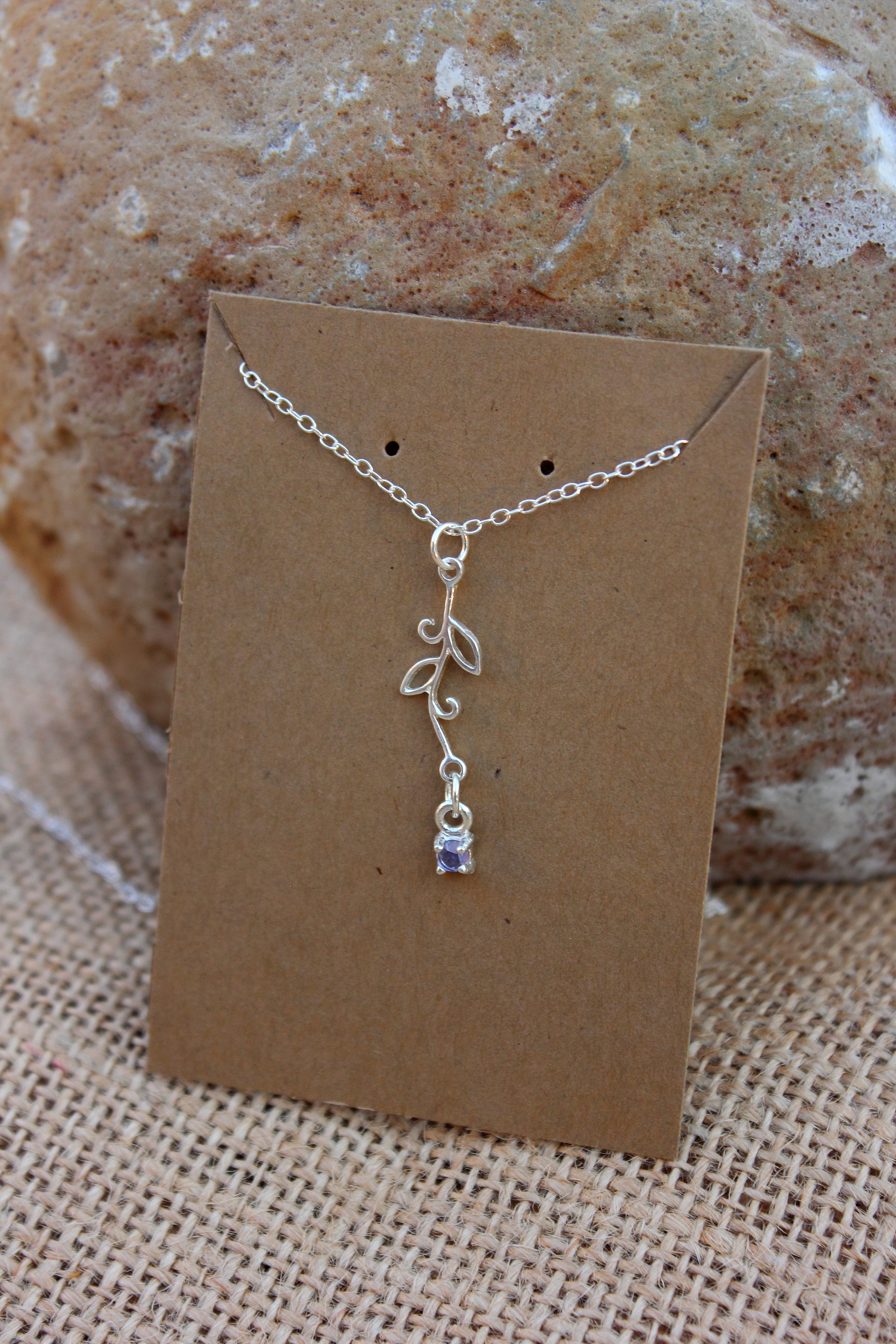 Sterling Silver Leaf Necklace with Rose cut Tanzanite