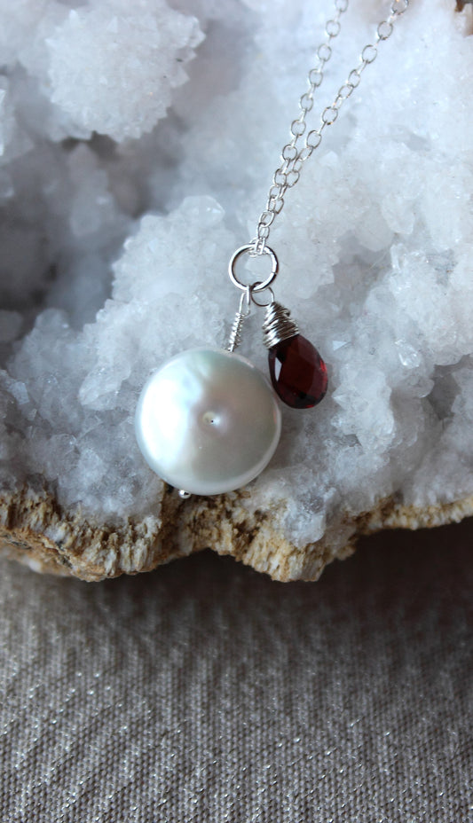 Coin pearl and garnet briolette necklace