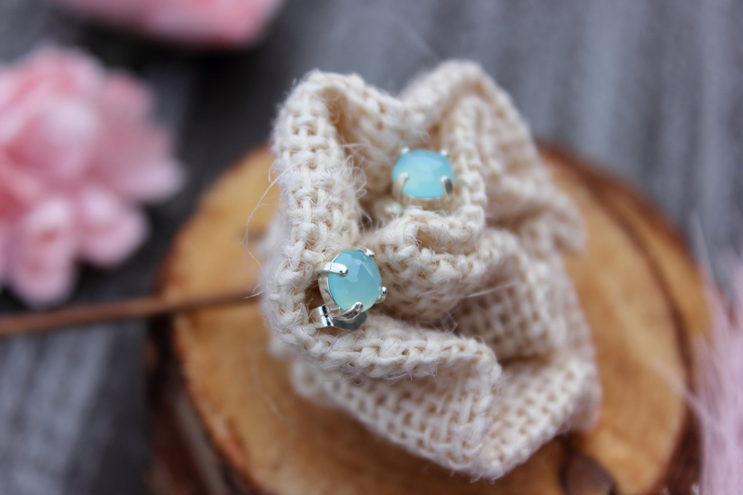 Rose Cut Peruvian Chalcedony Stud Earrings