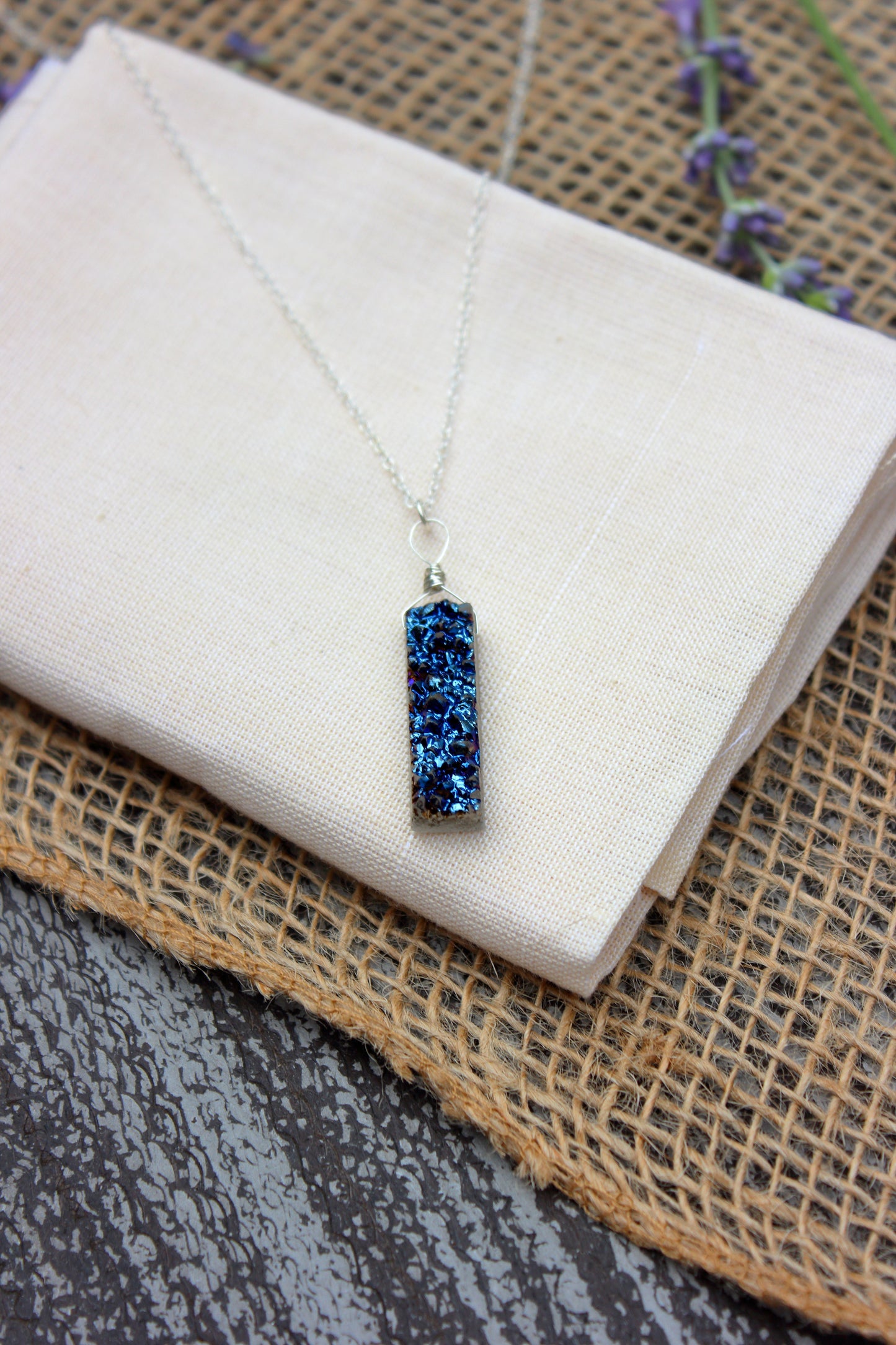Blue druzy rectangle necklace