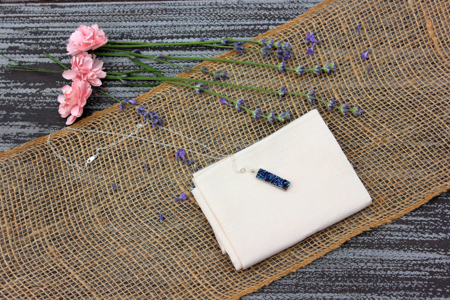 Blue druzy rectangle necklace