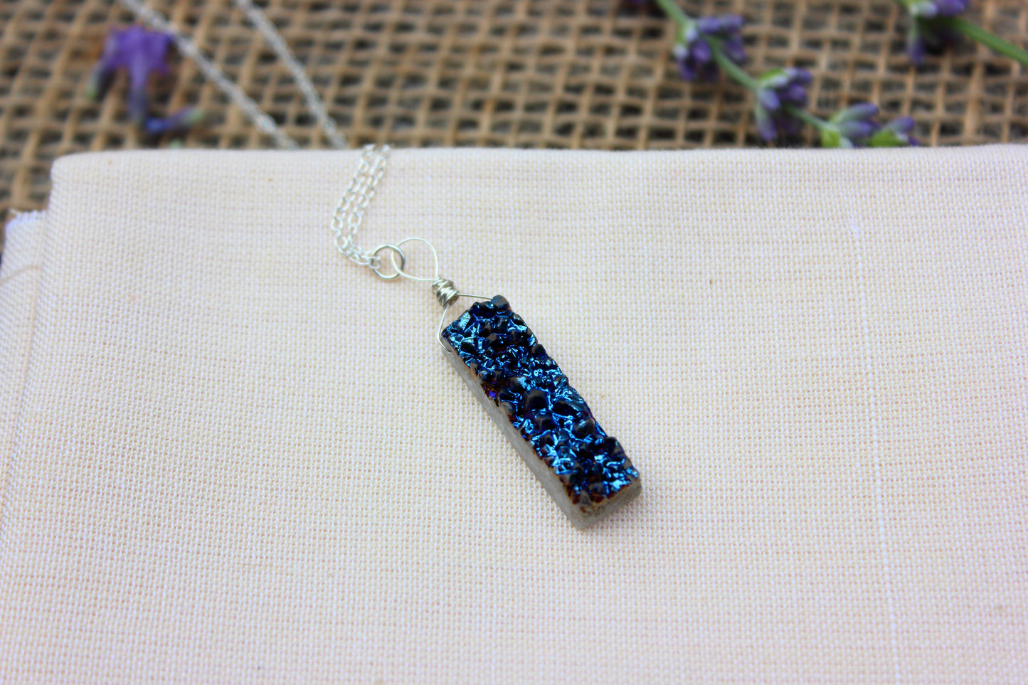 Blue druzy rectangle necklace
