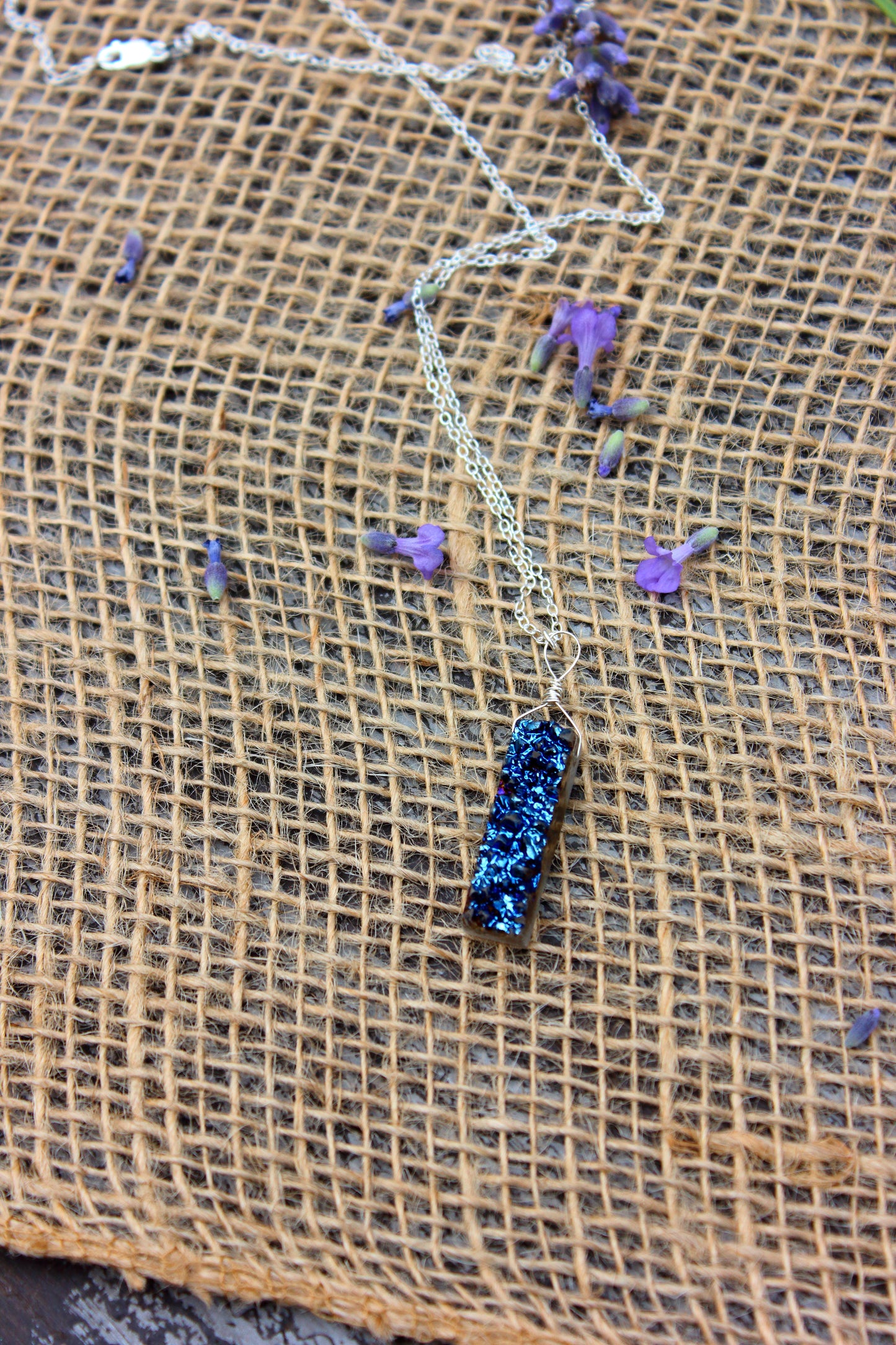 Blue druzy rectangle necklace