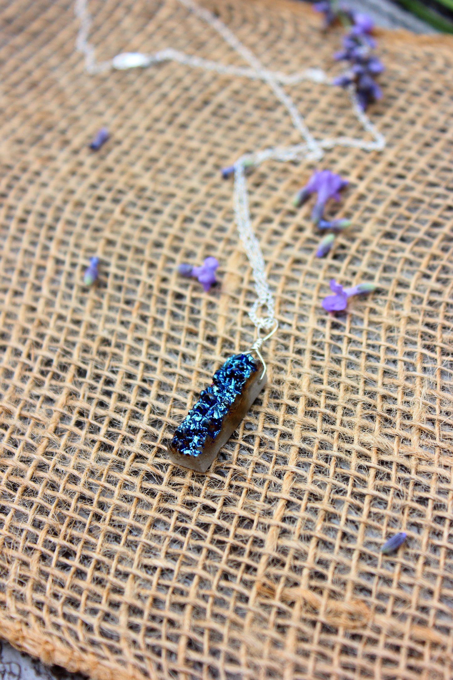 Blue druzy rectangle necklace