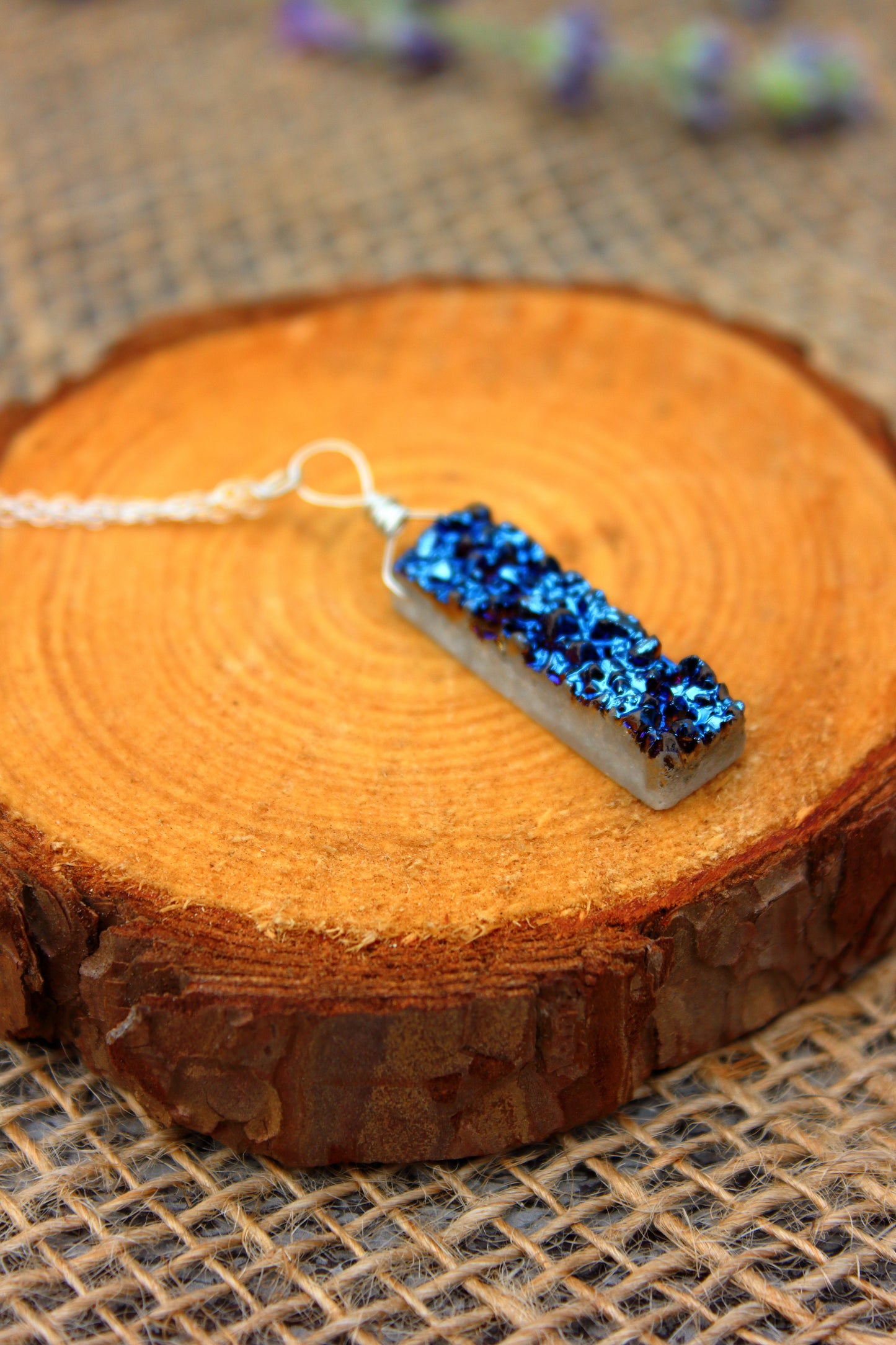 Blue druzy rectangle necklace