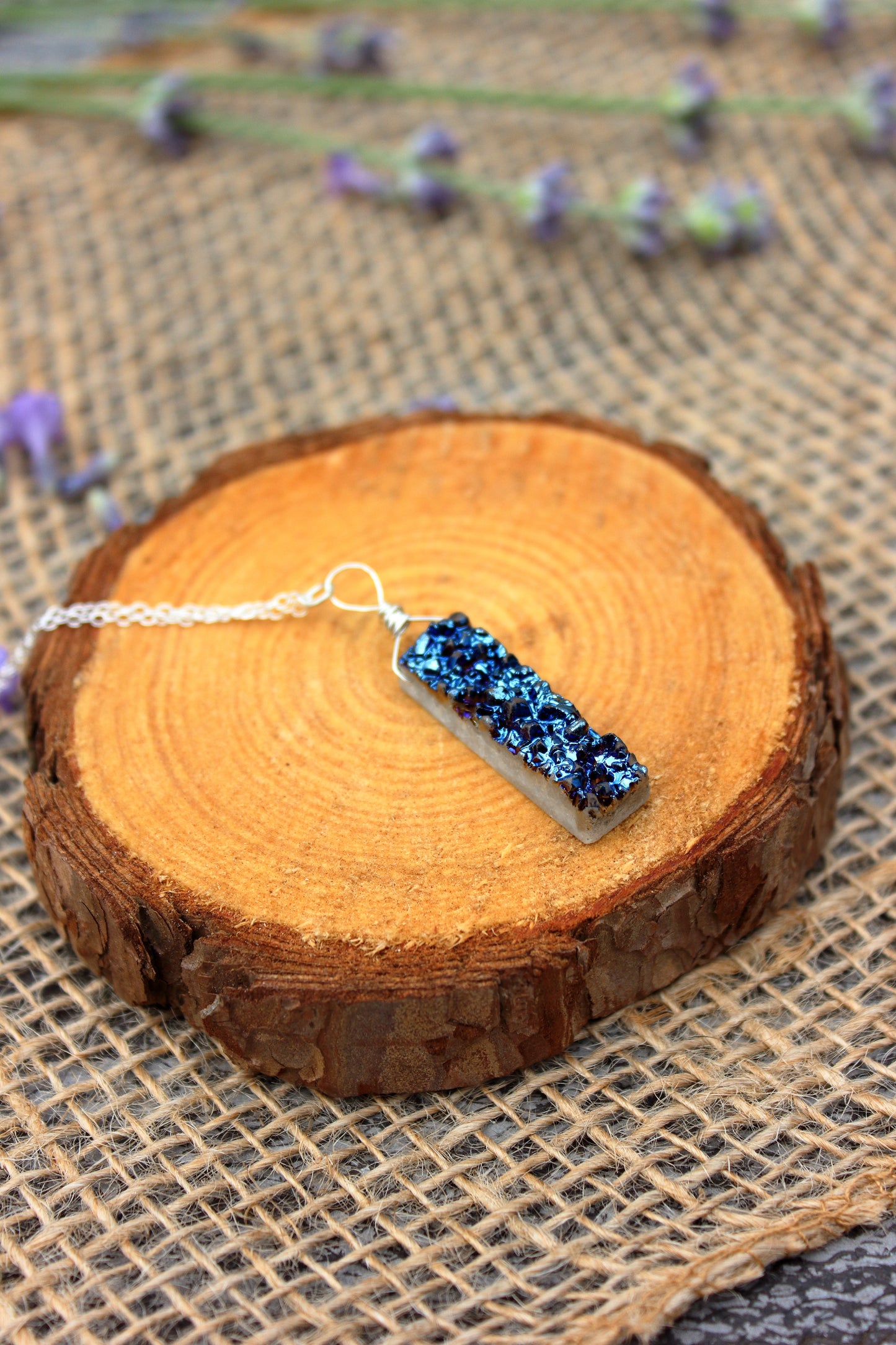 Blue druzy rectangle necklace