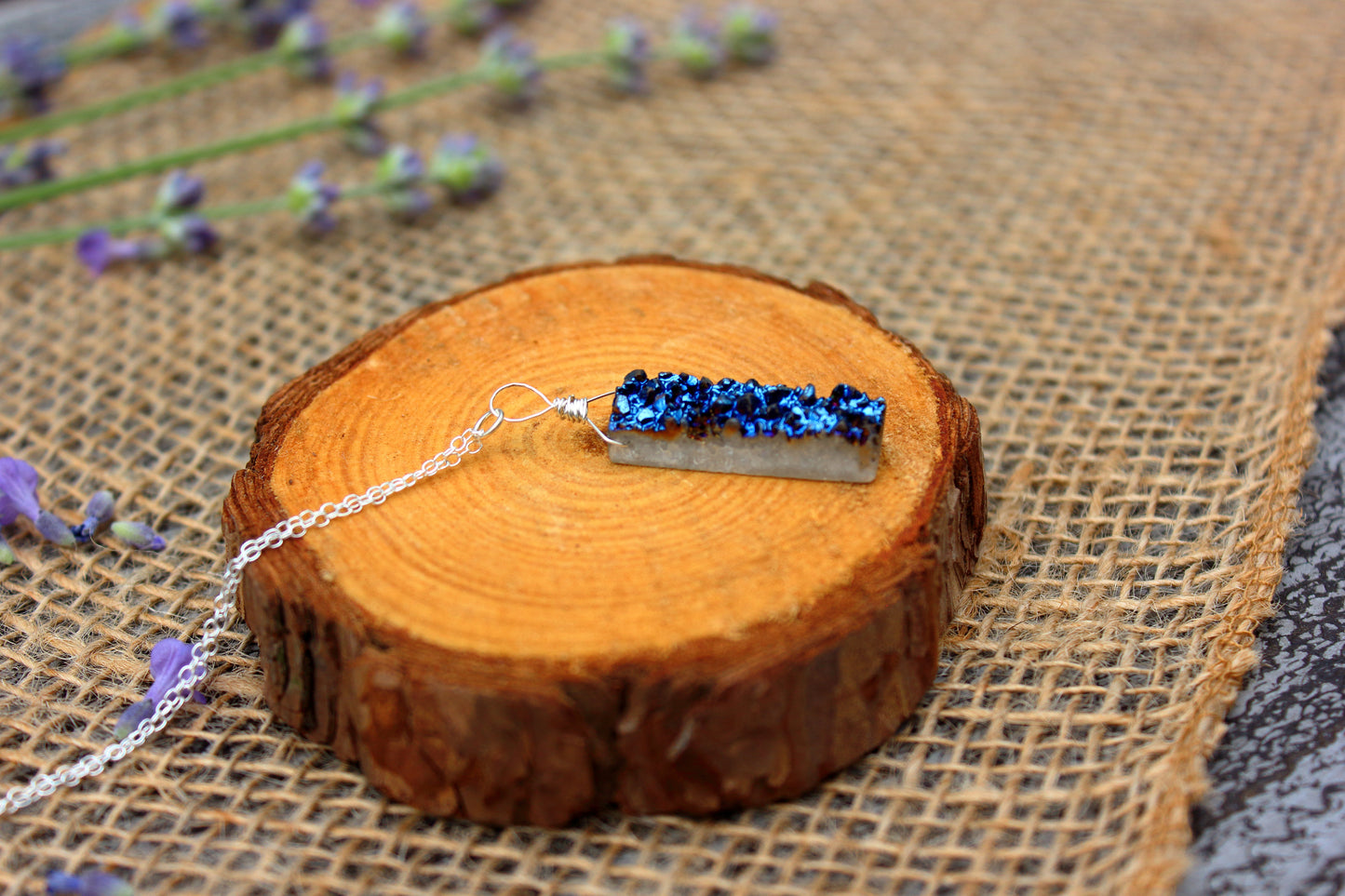 Blue druzy rectangle necklace