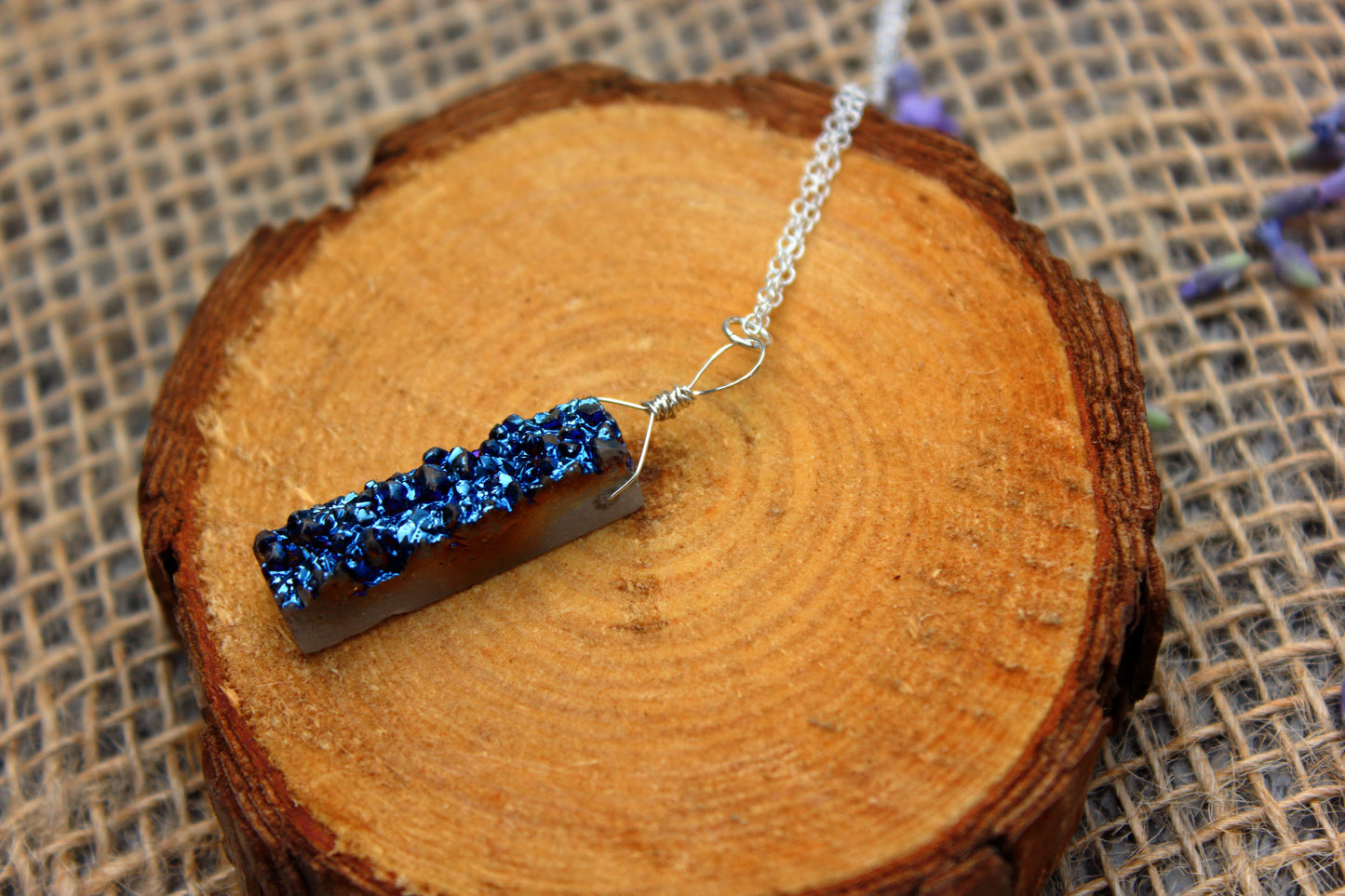 Blue druzy rectangle necklace