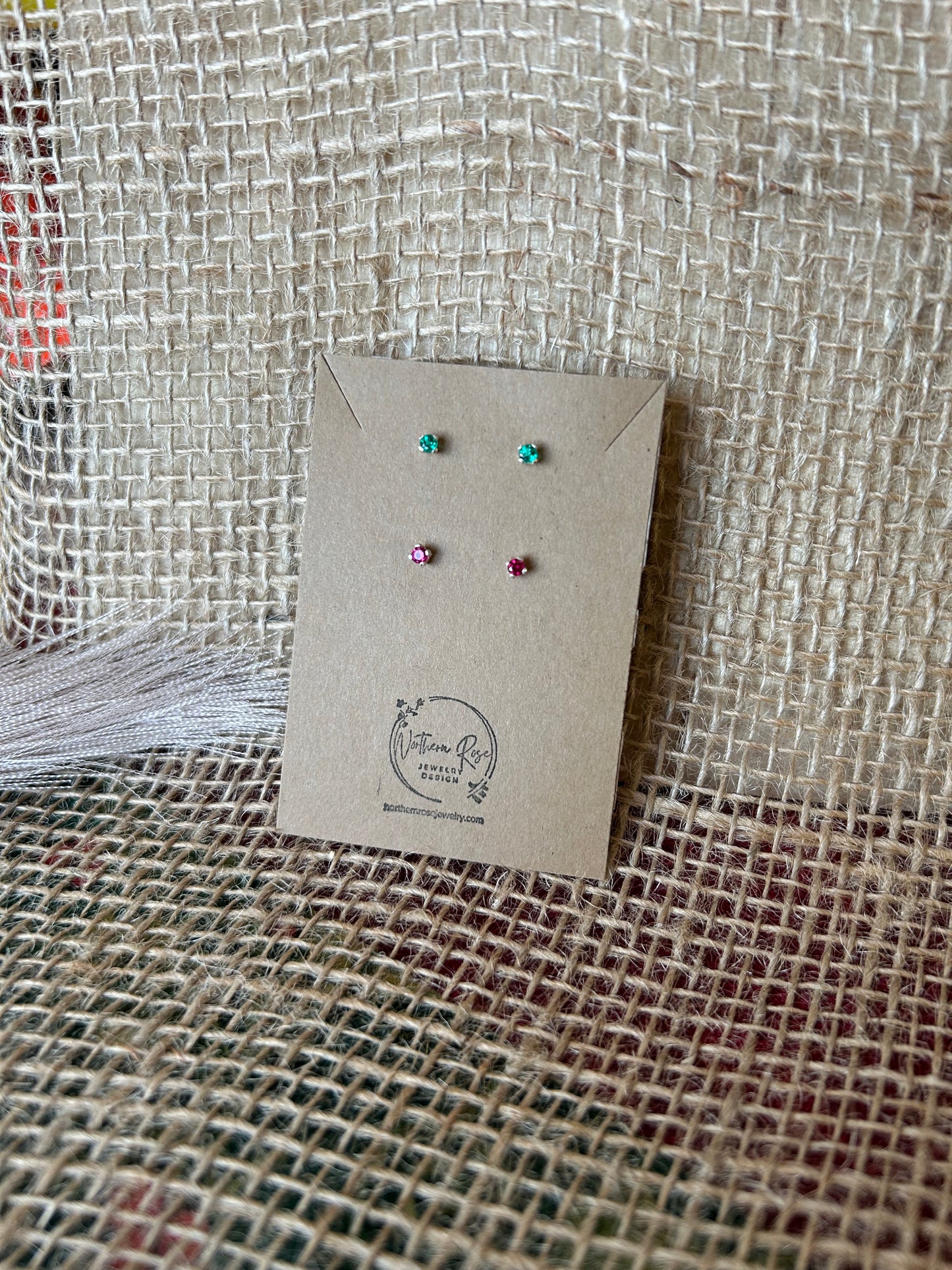 Tiny Gemstone Studs - Emerald and Ruby