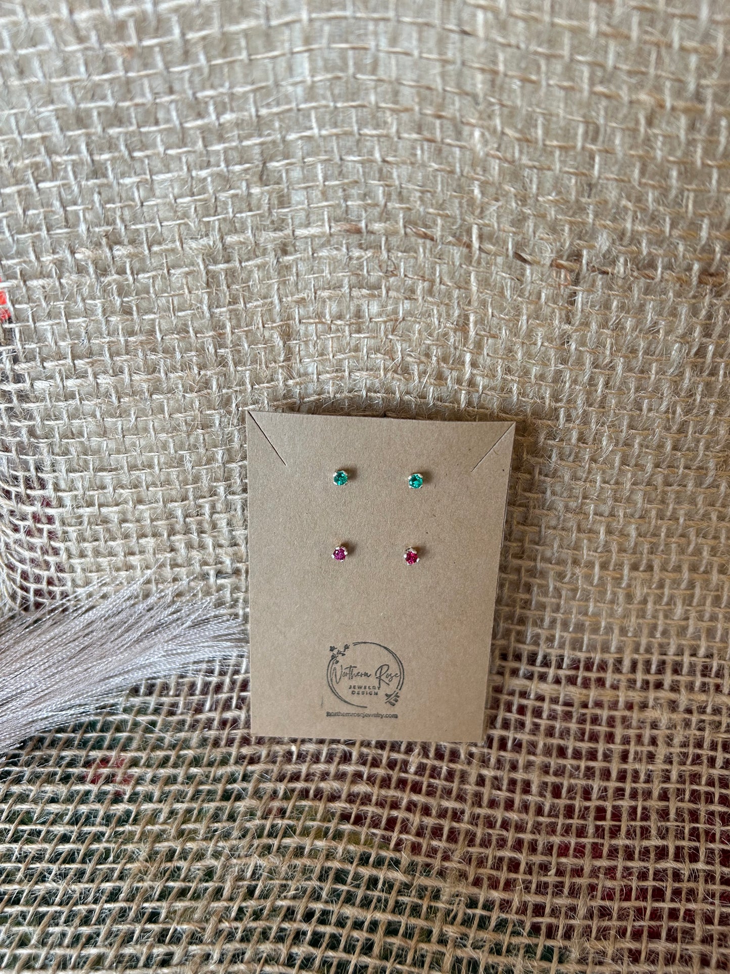 Tiny Gemstone Studs - Emerald and Ruby