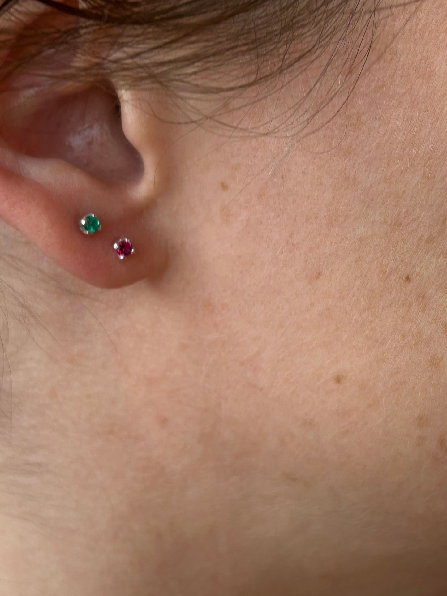 Tiny Gemstone Studs - Emerald and Ruby