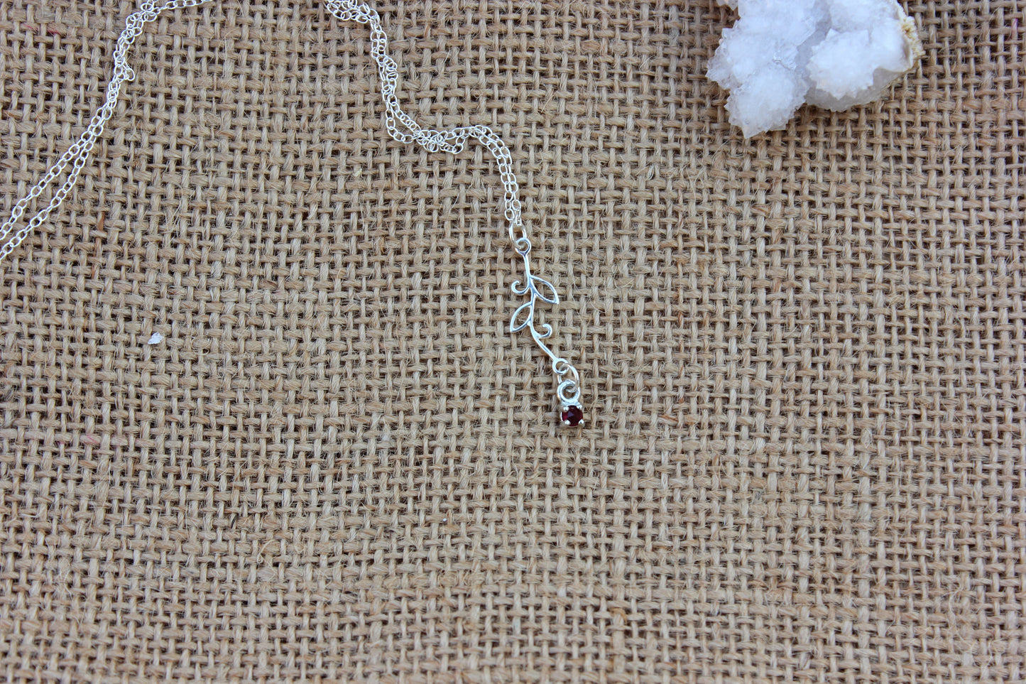 Sterling Silver Leaf Necklace with Rose cut Ruby