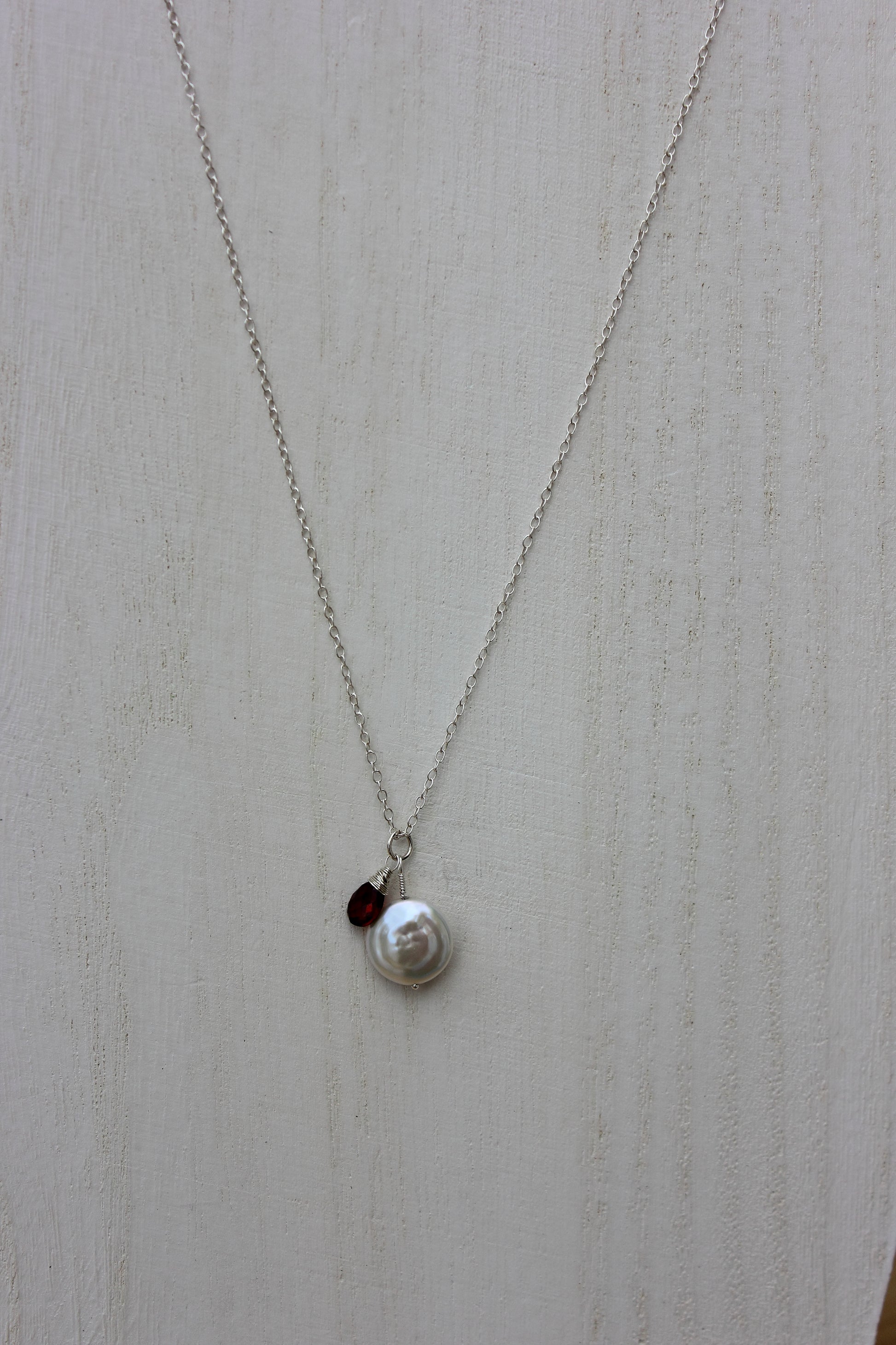 Coin pearl and garnet briolette necklace