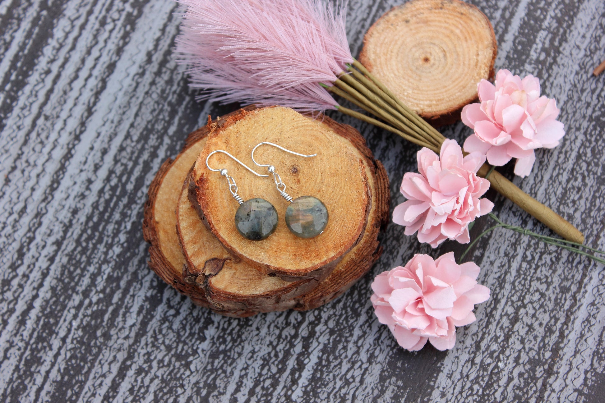 Rainbow Labradorite Coin Earrings