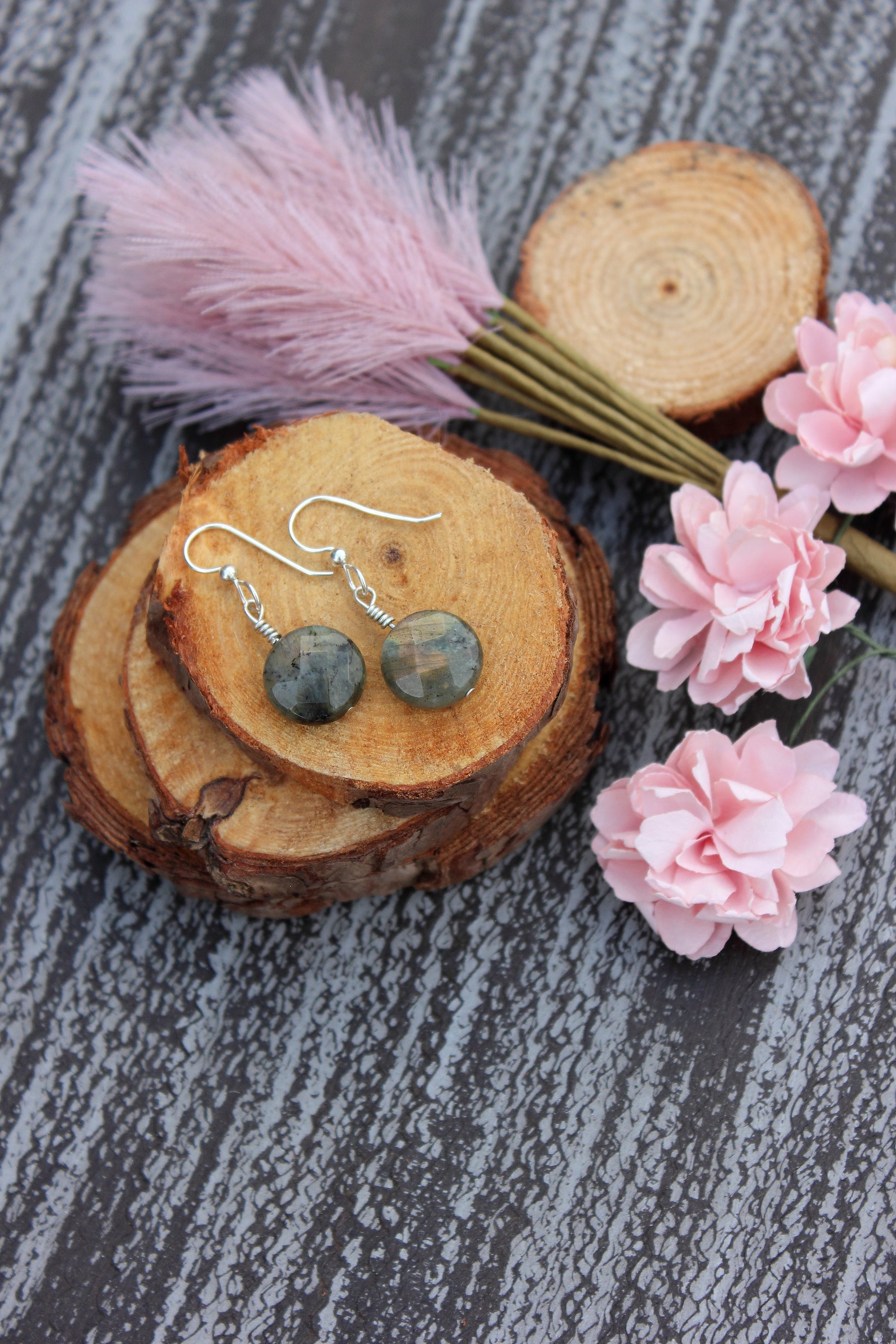 Rainbow Labradorite Coin Earrings