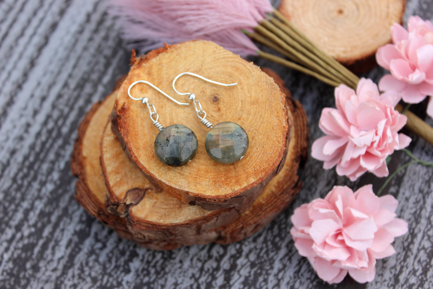 Rainbow Labradorite Coin Earrings