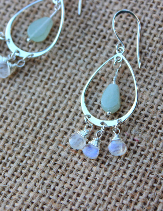 Rainbow Moonstone and Green Aventurine Chandelier Earrings