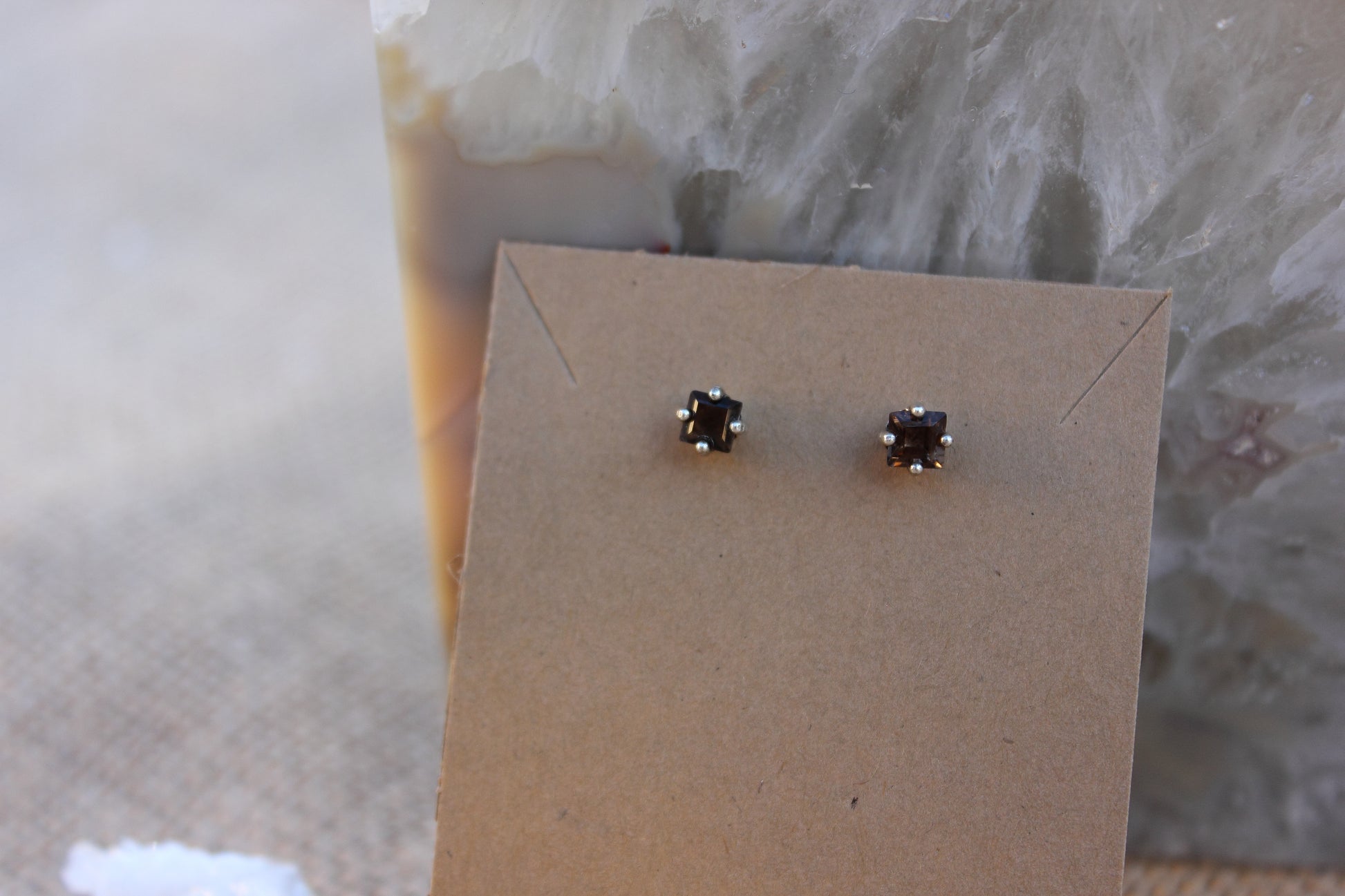 Smoky Quartz square cut sterling silver studs