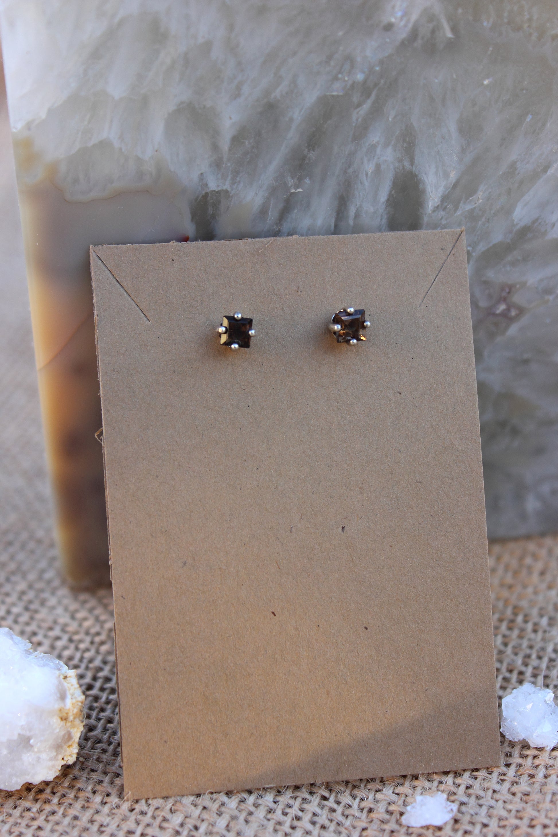 Smoky Quartz square cut sterling silver studs