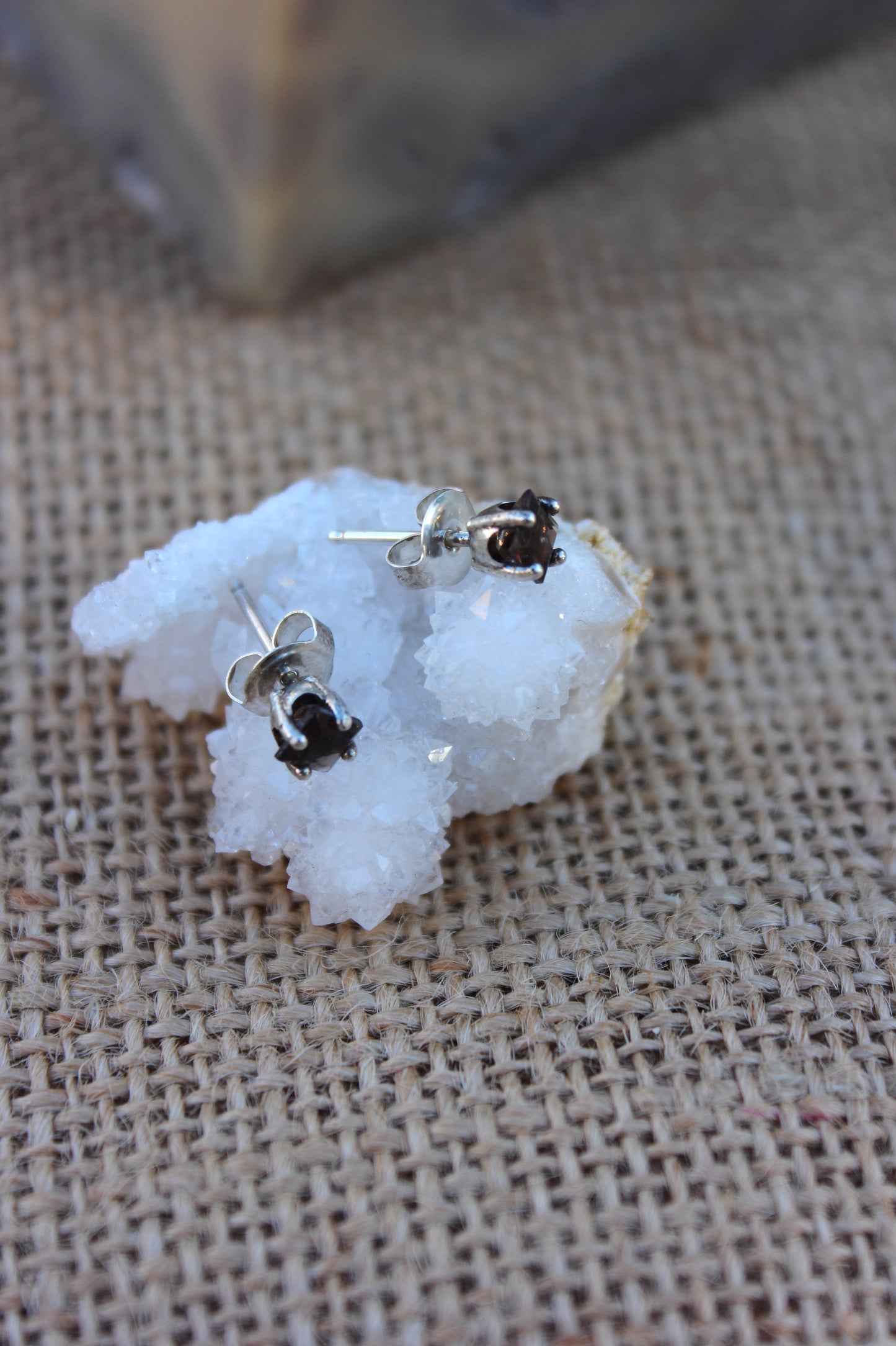 Smoky Quartz square cut sterling silver studs