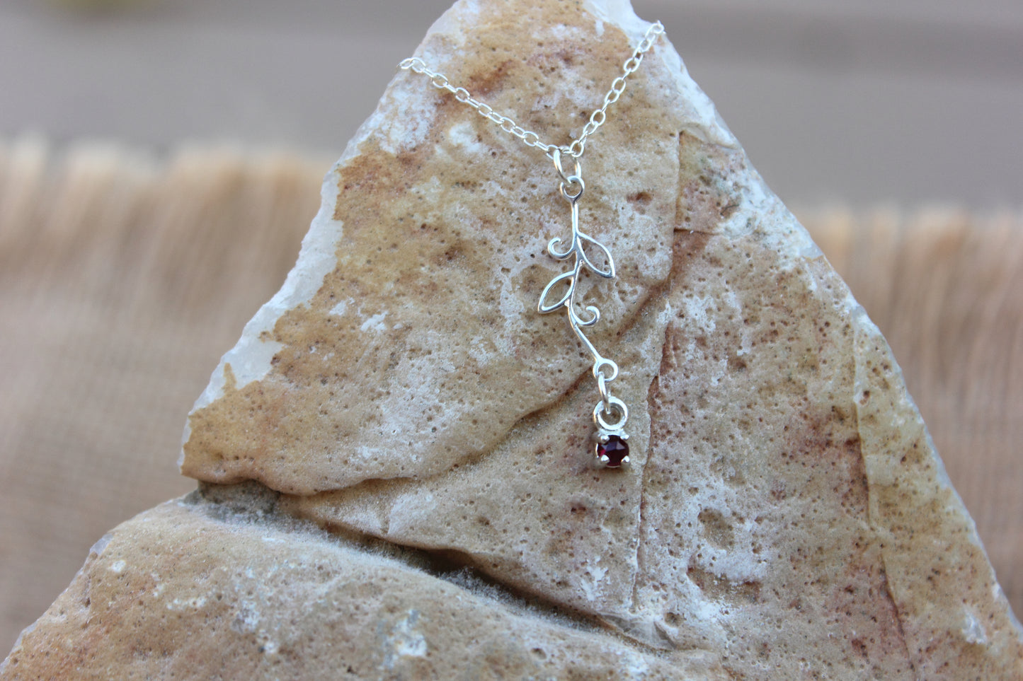 Sterling Silver Leaf Necklace with Rose cut Ruby