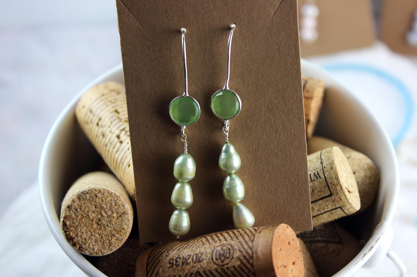 Green Chalcedony and Pearl Earrings