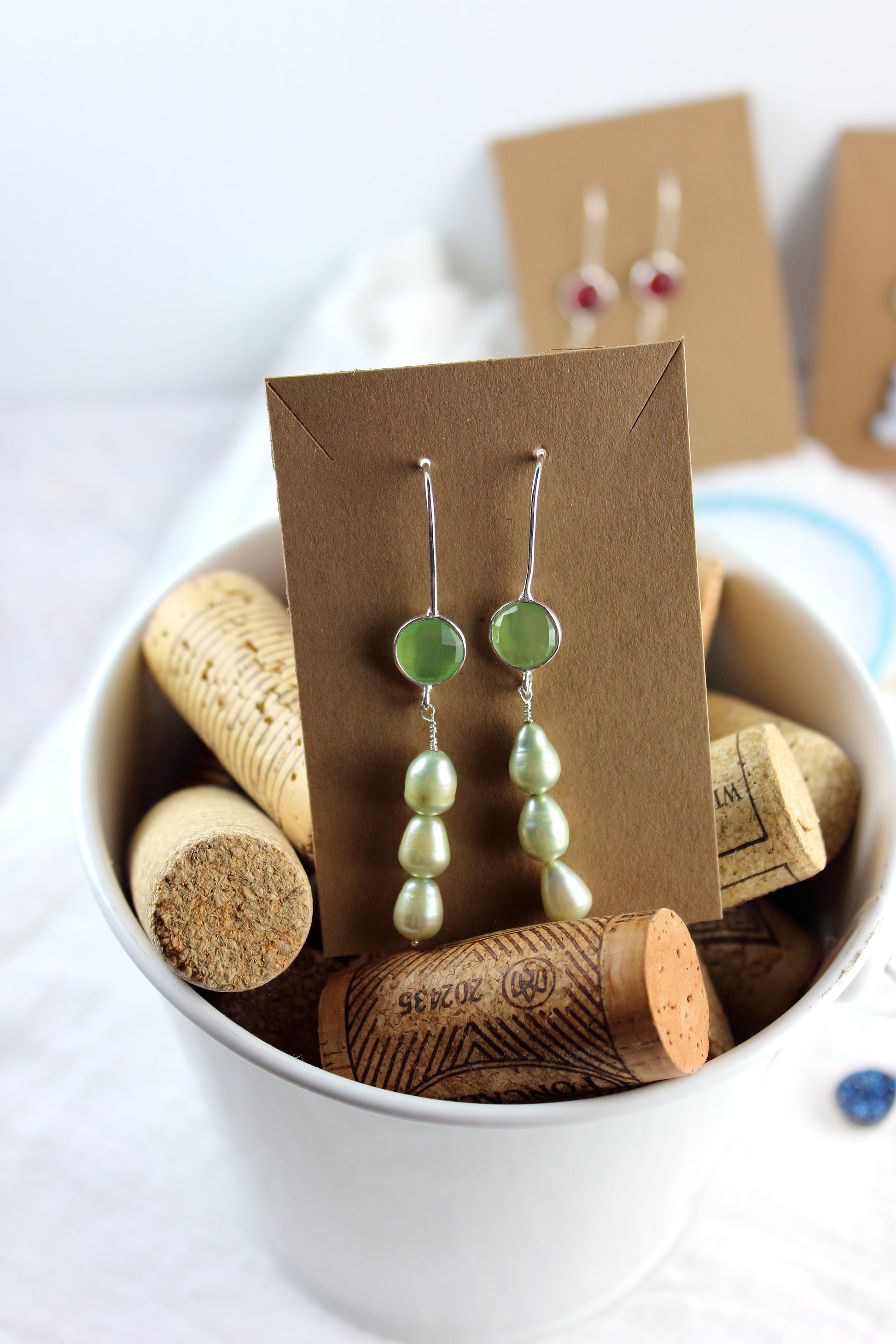 Green Chalcedony and Pearl Earrings