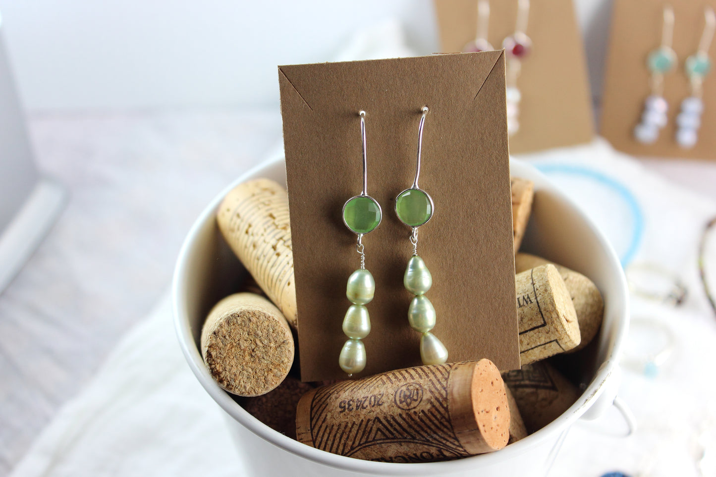 Green Chalcedony and Pearl Earrings