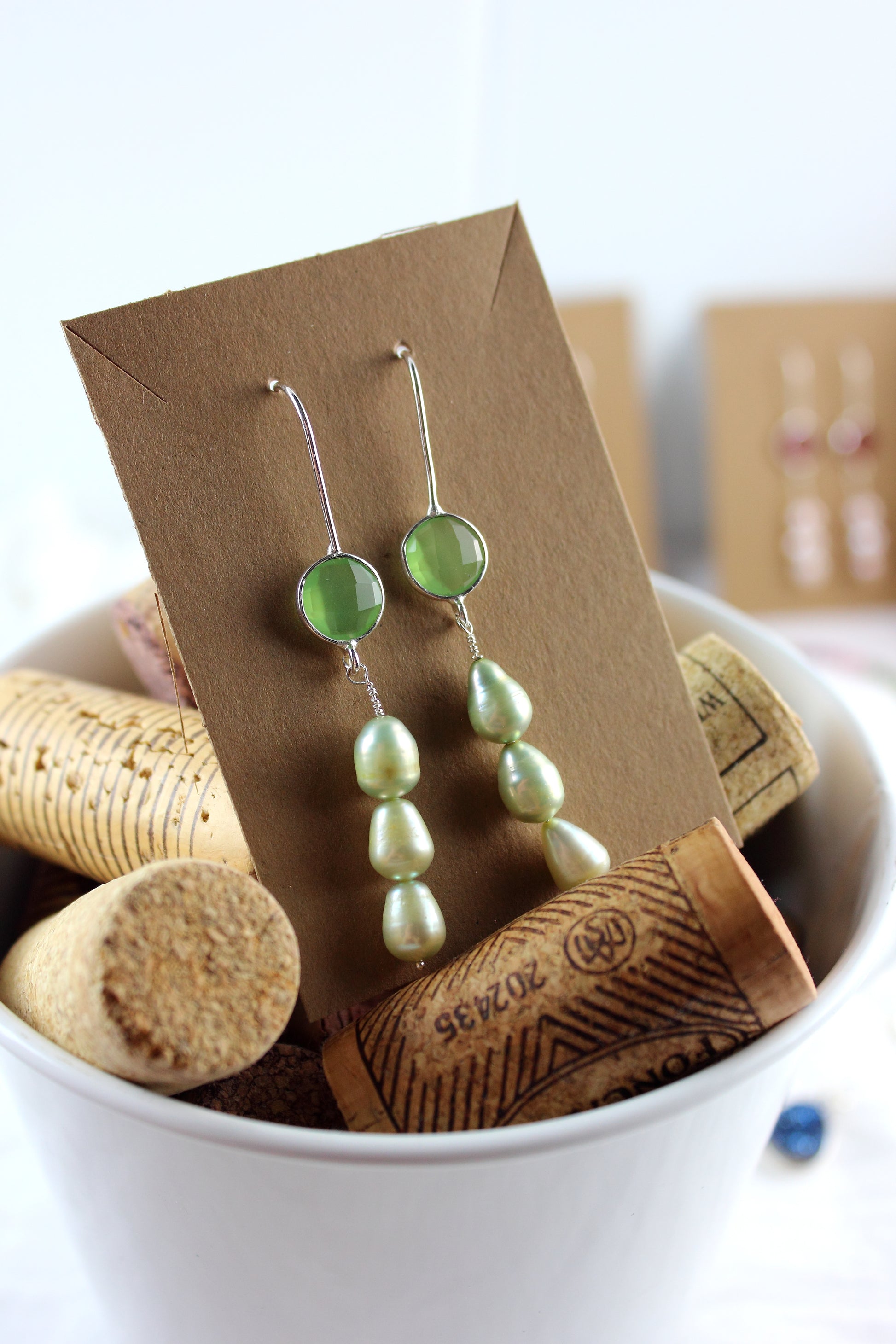 Green Chalcedony and Pearl Earrings