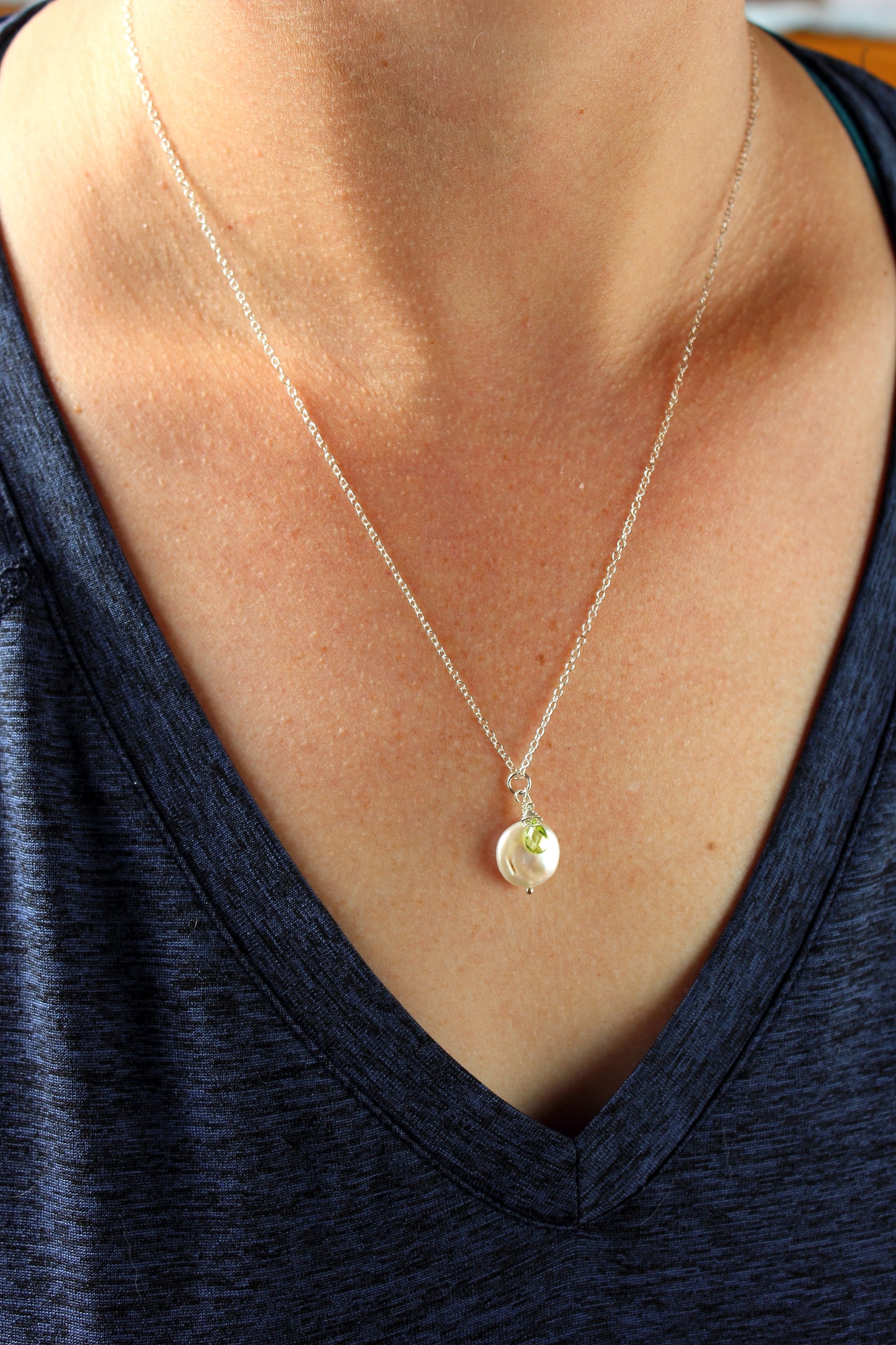 Coin pearl and peridot briolette necklace